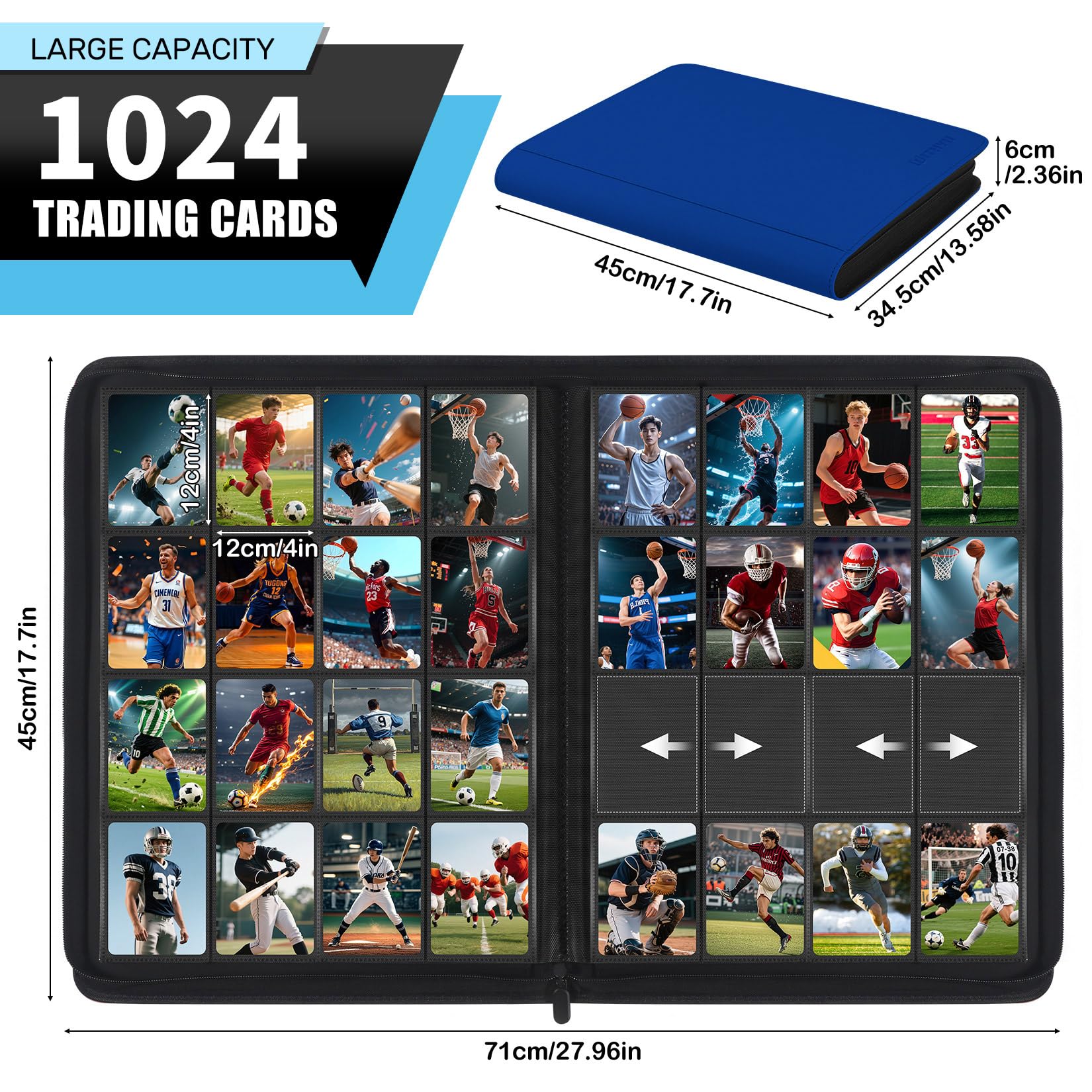 WITHYU Album da Collezione per Carte 16 Tasche - Capacità 1024 Carte, Portacarte Impermeabile & Resistente con Tasche Laterali per TCG/Gioco/Sport, Design Senza Anelli con Zip (Blu Scuro)