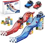Jeu de pistes de course de tuiles magnétiques, 52PCS STEM Blocs éducatifs de construction magnétique avec 2 Voitures de course, jouets de voyage sensoriels Montessori pour enfants 3 4 5 6 7 8, Anniversaire pour les garçons & Filles
