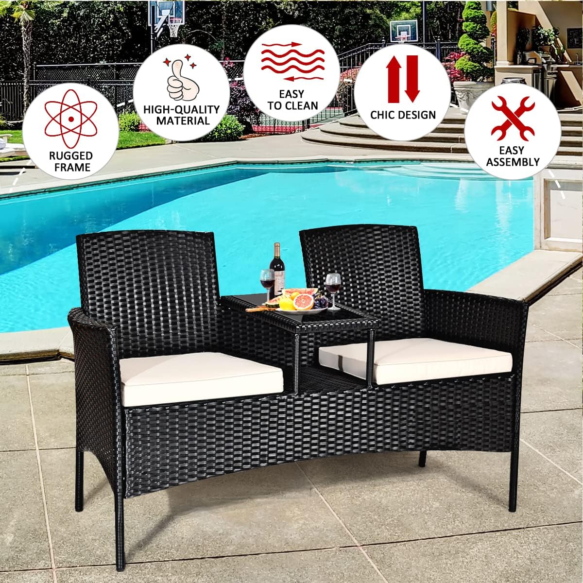 Outdoor Love Seat Set Patio Conversation Set with Cushion & Built-in Coffee Table, Outdoor Rattan Sofa Furniture Set for Garden, Lawn, Backyard (Beige)