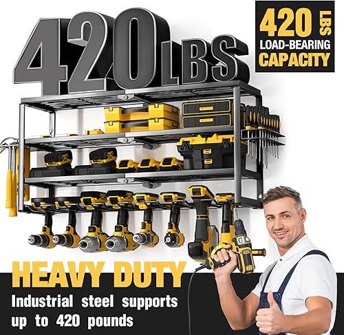 Miniatura 4 de YYR Organizador de herramientas eléctricas de 4 capas para montaje en pared, estante de almacenamiento para taladro inalámbrico, soporte de