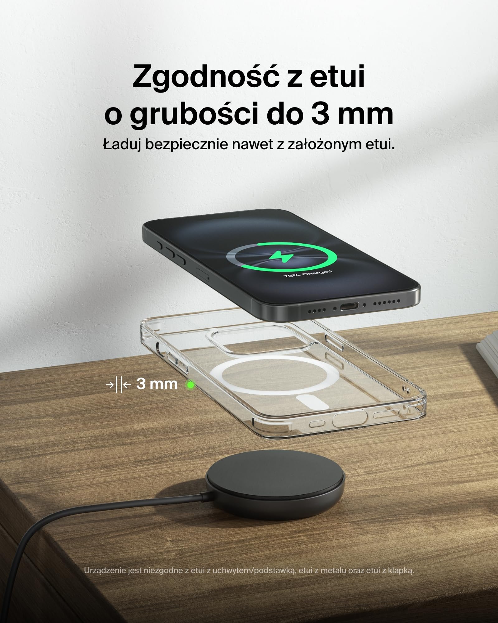 Belkin magnetyczna bezprzewodowa podkładka ładująca 15 W z podstawką – zgodna z MagSafe ładowarka Qi2 do urządzeń iPhone serii 16, Samsung Galaxy serii S25, AirPods zasilacz w zestawie – czarna