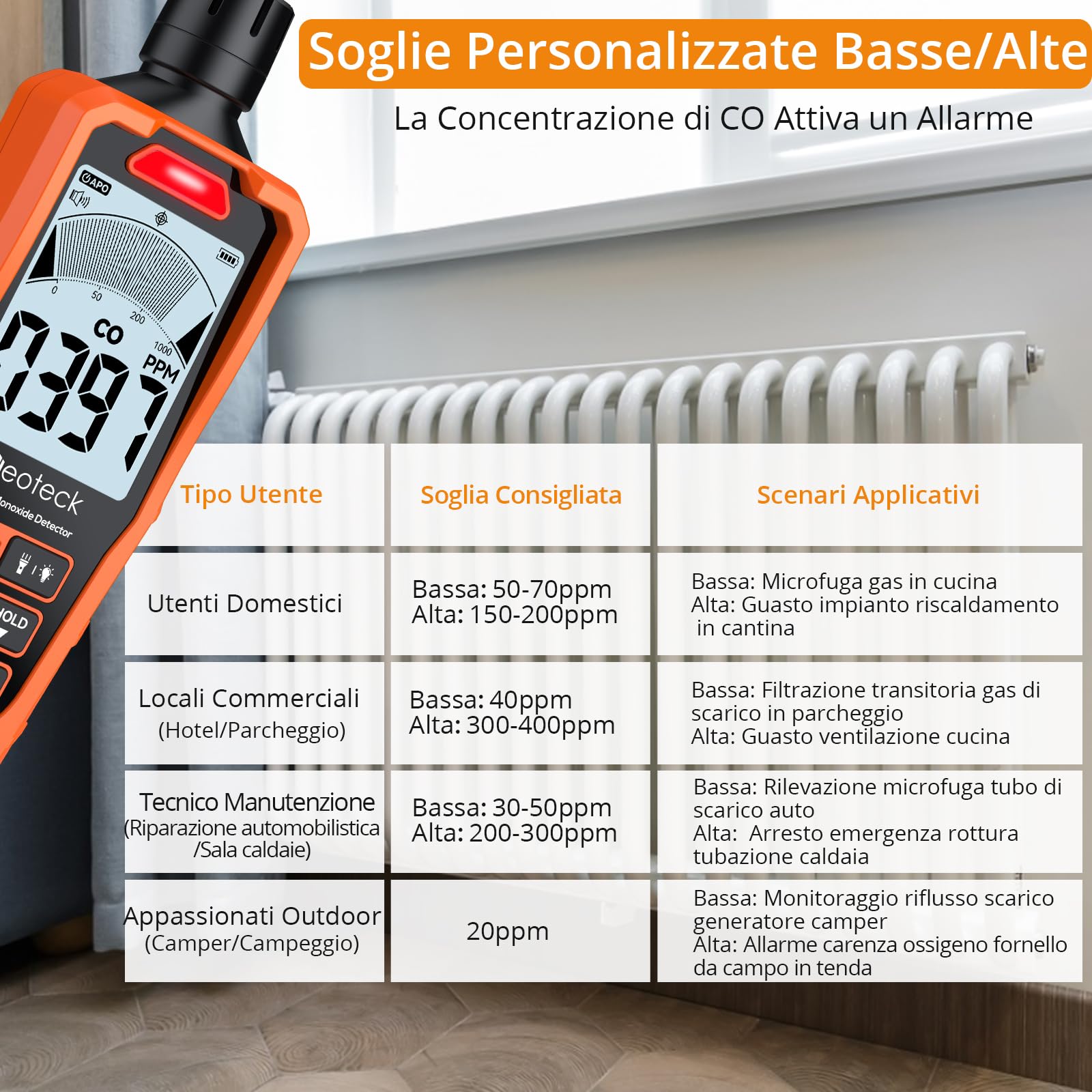 Neoteck Rivelatore Portatile di Monossido di Carbonio 1000 PPM (10% Precisione) CO Detector con Soglie Regolabili, Doppio Allarme Visivo/Acustico, Ricarica USB e Torcia per Casa, Camper e Viaggi