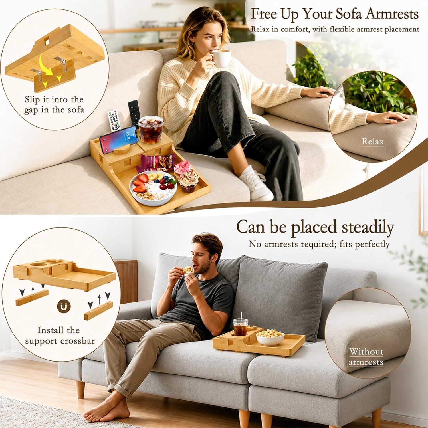 2-in-1 Bamboo Couch Tray – Insert & Flat Sofa Organizer with Anti-Slip Base,360° Rotating Phone Holder, Cup Holder, 15.3x9.8 in, Fit Seat Gaps or Armless,Sectional Sofa image 3