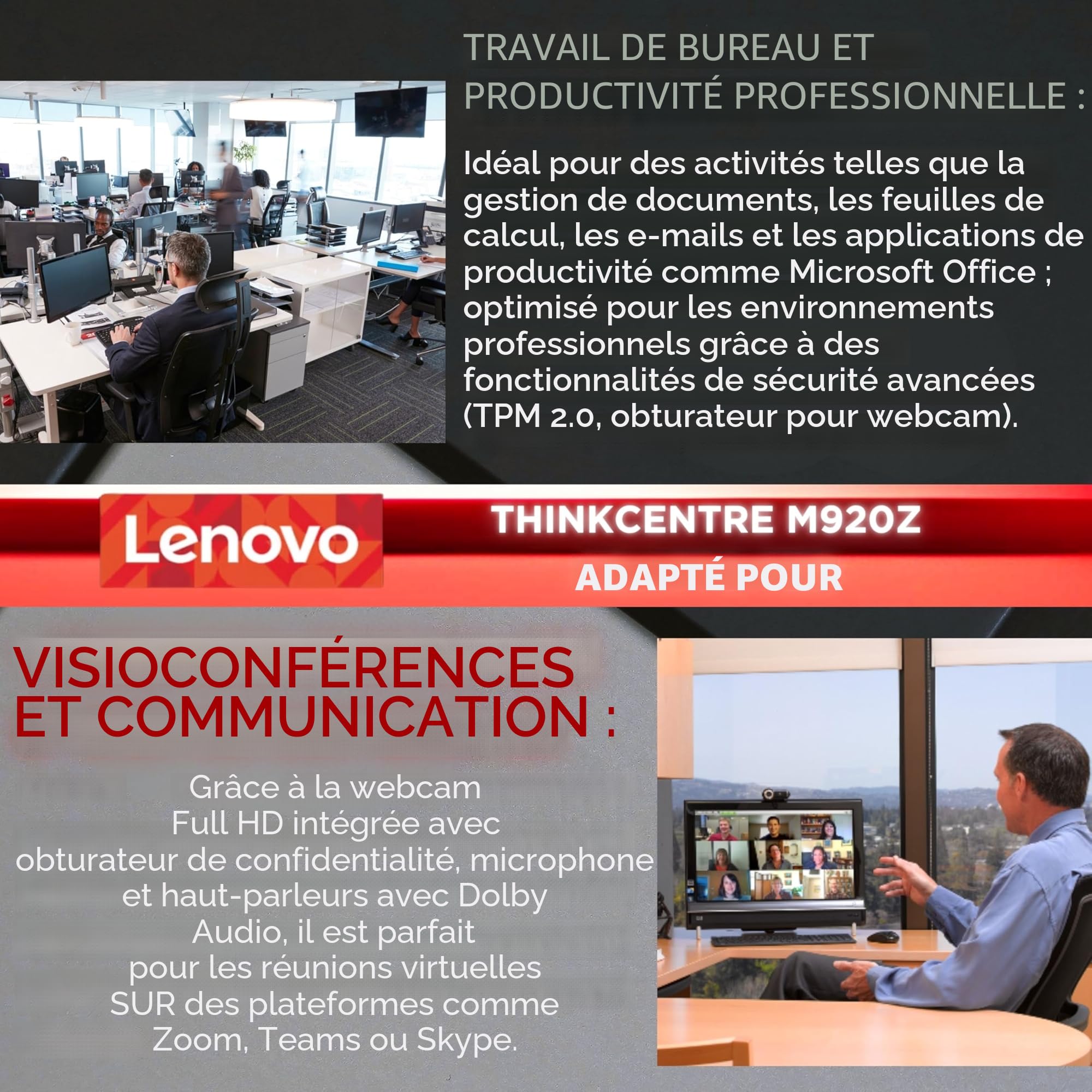 Lenovo PC Fixe Tout-en-Un, écran 24" FHD, Intel i5-8500, 16 Go de RAM, SSD 512 Go, Windows 11 Pro, Office 2021, WiFi, Bluetooth (Reconditionné)