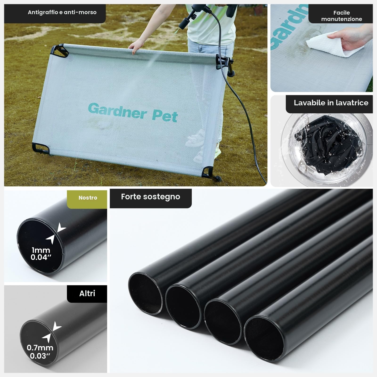 Gardner Pet Letto Rialzato per Cani Grandi e Medii, Brandina Traspirante Esterno-Interno, Cuccia Estiva Antigraffio, Struttura Metallo Nero S