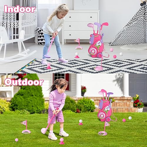 Miniatura 6 de Juego de golf para niñas y niños de 2, 3 y 4 años, carrito de golf mejorado para niños con 3 palos y 8 bolas, juguetes deportivos para interiores y