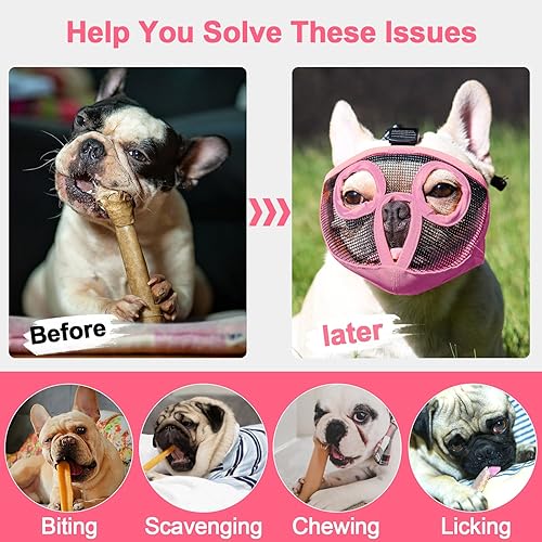 Miniatura 19 de Bozal para perro de hocico corto - Bozal ajustable transpirable de redecilla para bulldog para morder, masticar, lamer, entrenamiento, aseo de perro