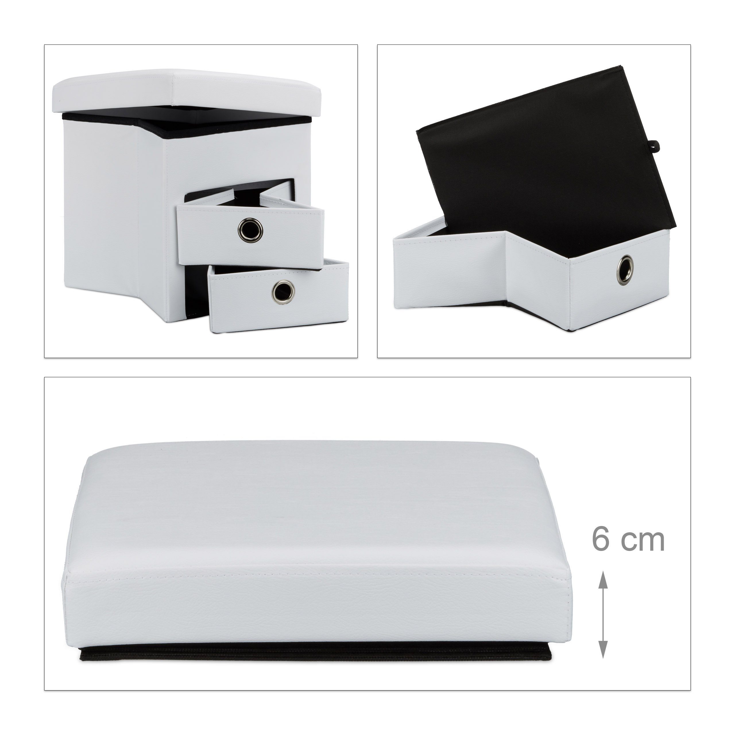 Relaxdays Pouf Contenitore Pieghevole, Scomparto Interno, 2 Cassetti Rimovibili, Cubo, finta pelle, Bianco, H X L X P: 38 x 38 x 38 cm