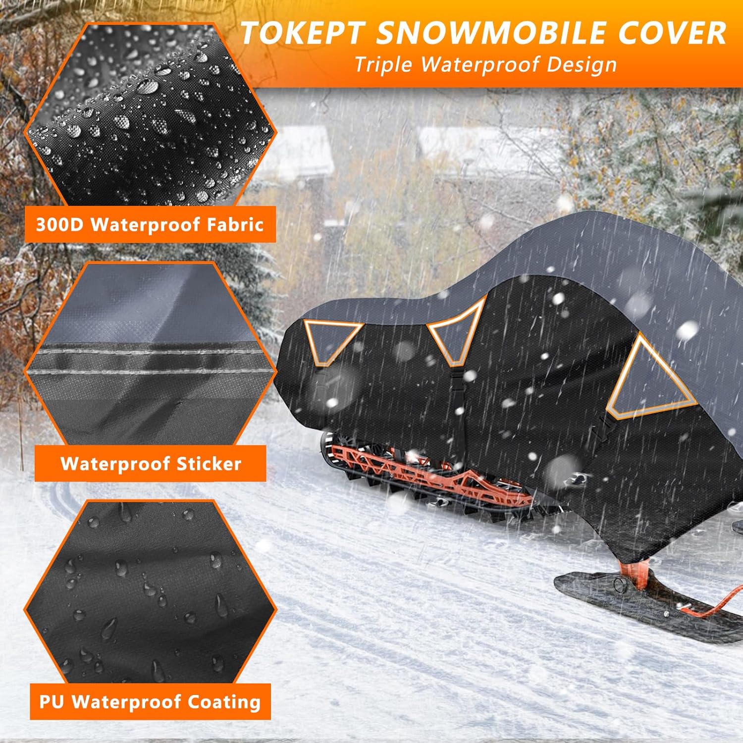 Snowmobile Cover, 300D Waterproof Oxford Fabric Sled Ski Cover, with Triangle Straps Reflective Strip, Elastic Bottom can Trailer, Fit Length 145"x 51"x 48" (XL Black&Grey)