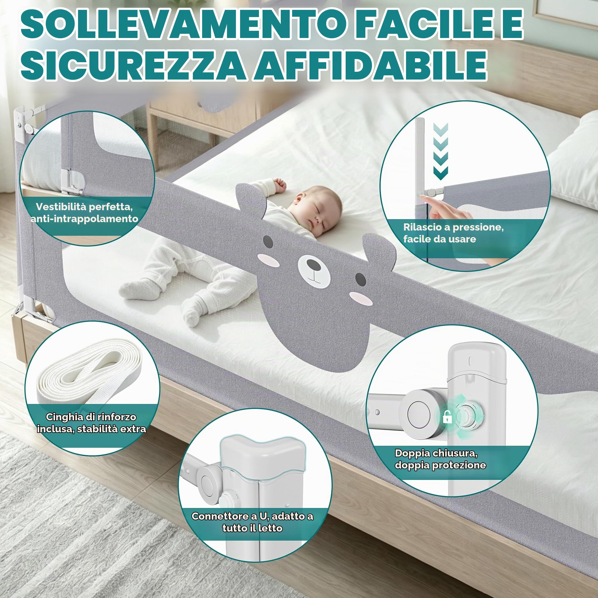 LARS360 Griglia di sicurezza per lettino, 200 cm, per bambini e neonati