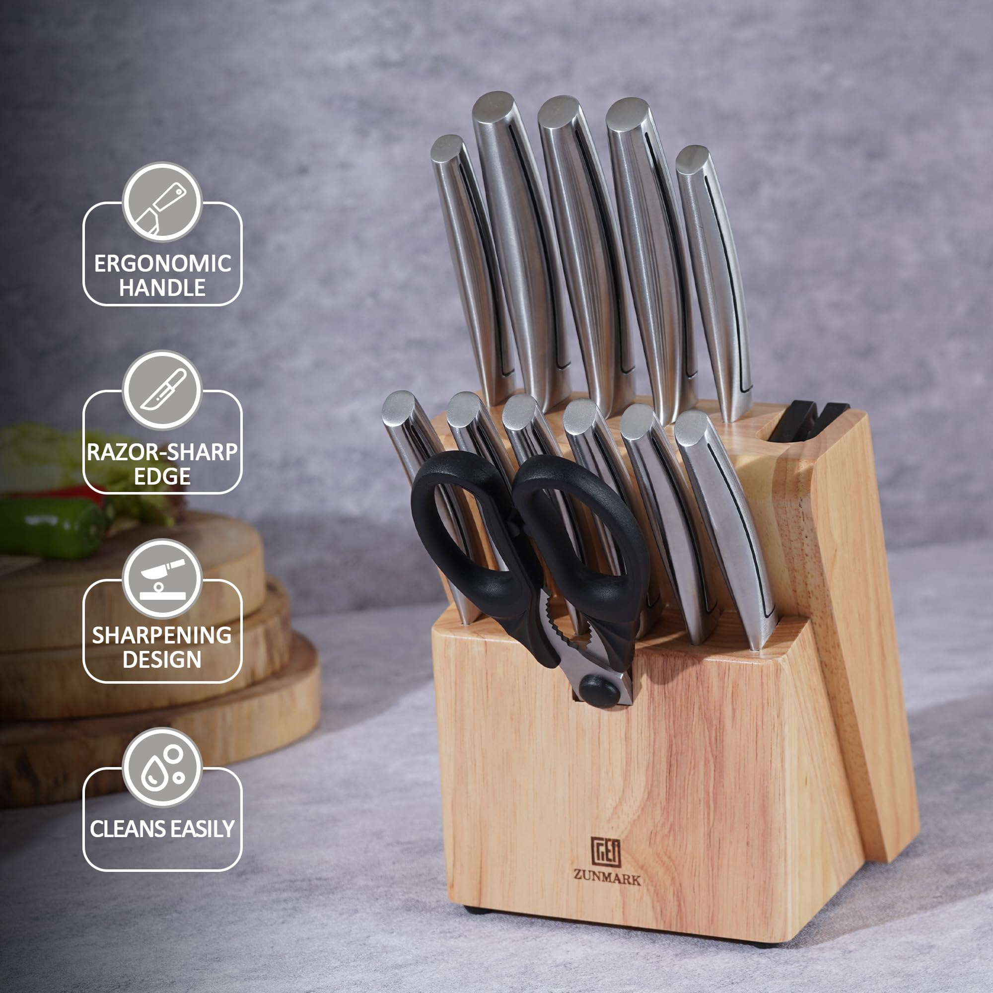 Jeu de Couteaux de Cuisine Professionnels 13 Pièces Bloc en Bois d'Hévéa avec Aiguiseur Intégré Lames Extra-Affûtées Lavables au Lave-Vaisselle