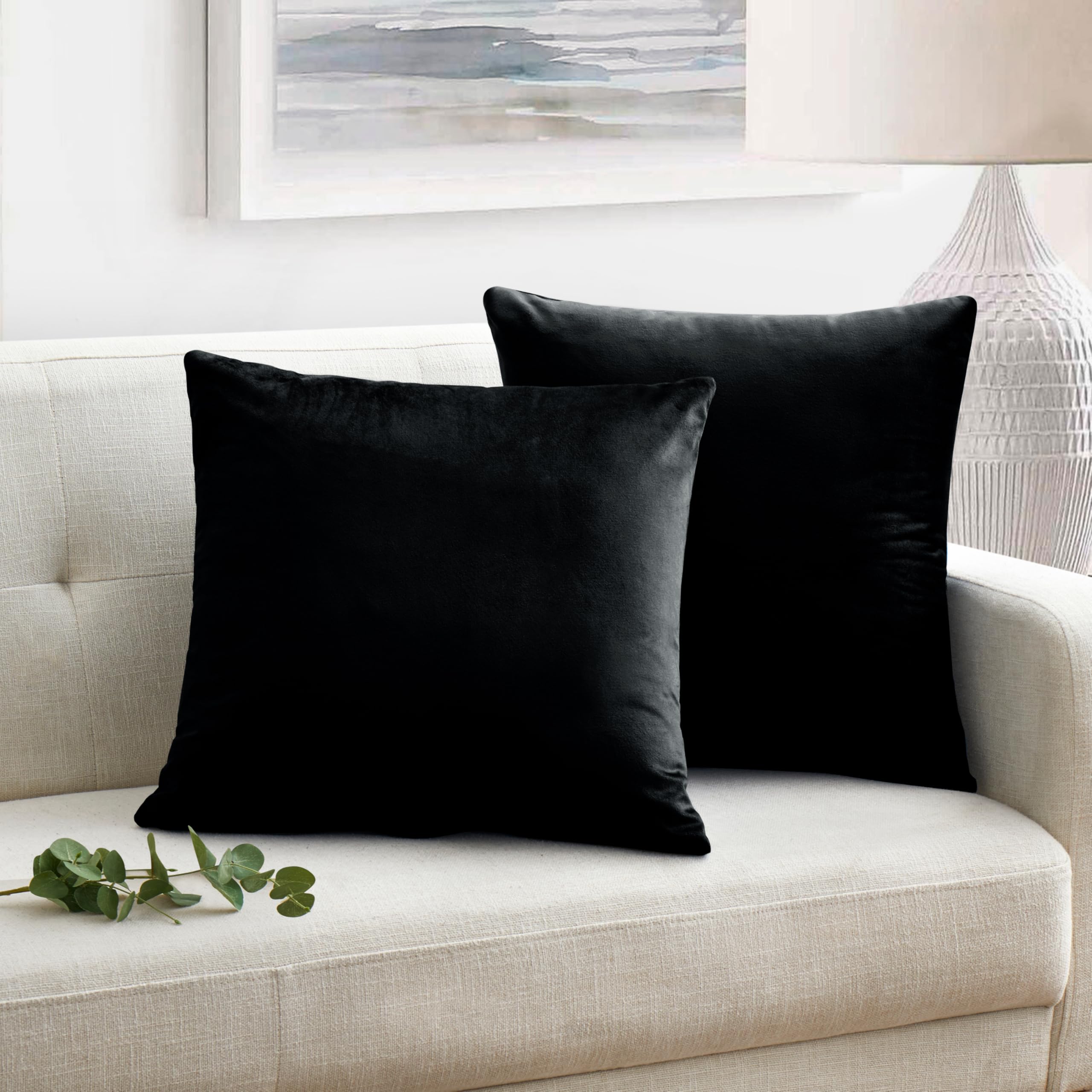 Oxford Homeware Velvet Cushion Covers 45 x 45 cm Black 2 Pack Decorative Square Throw Pillow Cases for Sofa Bedroom Living Room with Invisible Zipper (18 x 18 Inch)