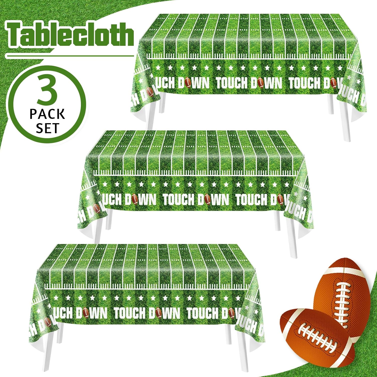 3PCs Football Field Tablecloth 54 x 108 Inch, Disposable Football Table Cloth Plastic Touchdown Table Cover for Sports Birthday Game DayTailgate Party Decorations (Football Field Tablecloth)