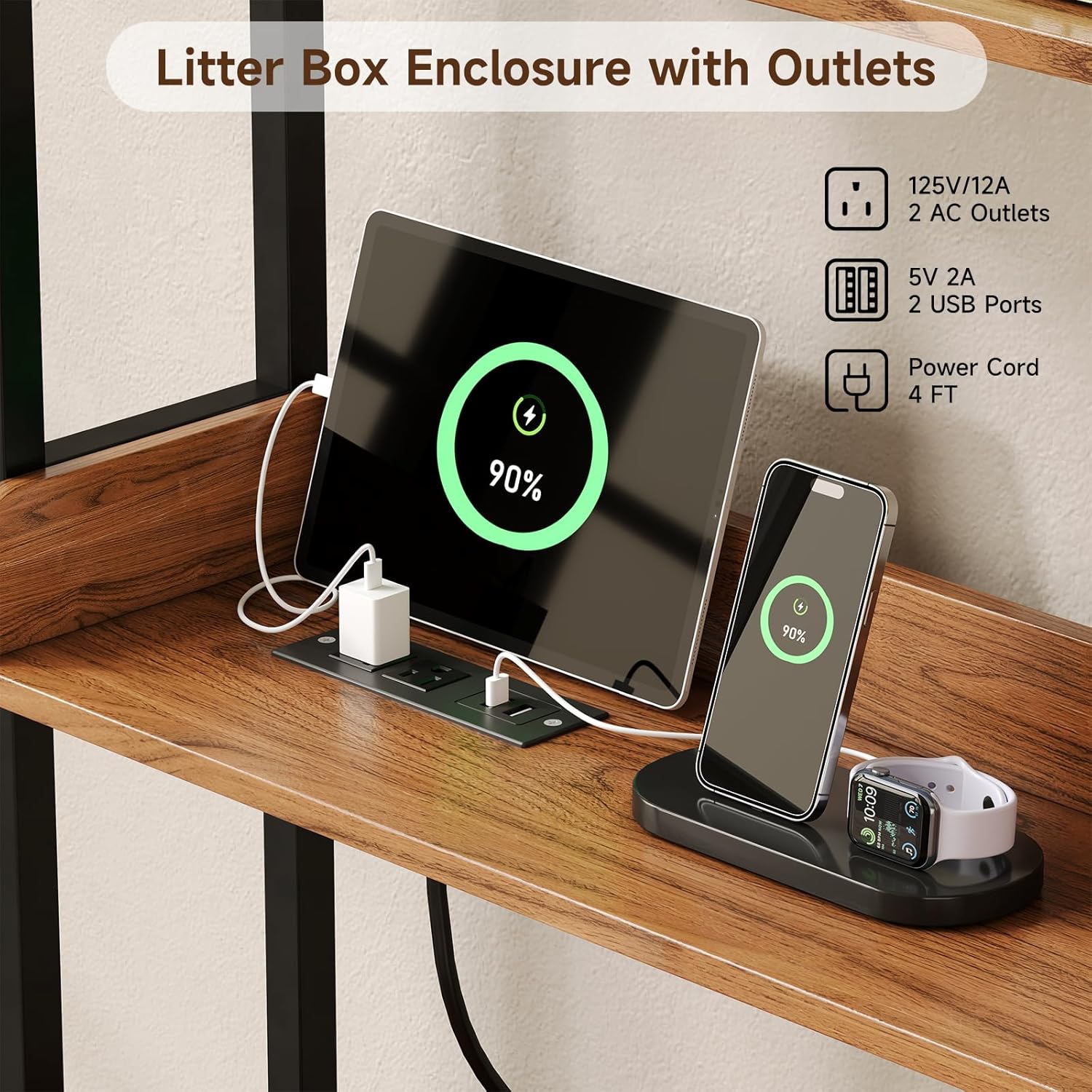 55'' Litter Box Enclosure with Shelves, Modern Cat Litter Box Furniture with Power Outlets&Storge, Hidden Cat House for Indoor Livingroom,Bedroom & Entryway,White