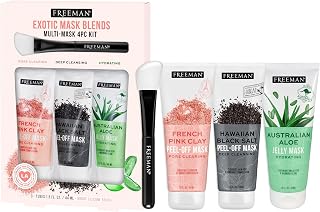 Freeman Exotic Blends 4-Piece Facial Mask Set: Pink Clay Peel-Off, Black Salt & Aloe Jelly Masks + Silicone Brush | Vegan, Cruelty-Free, All Skin Types