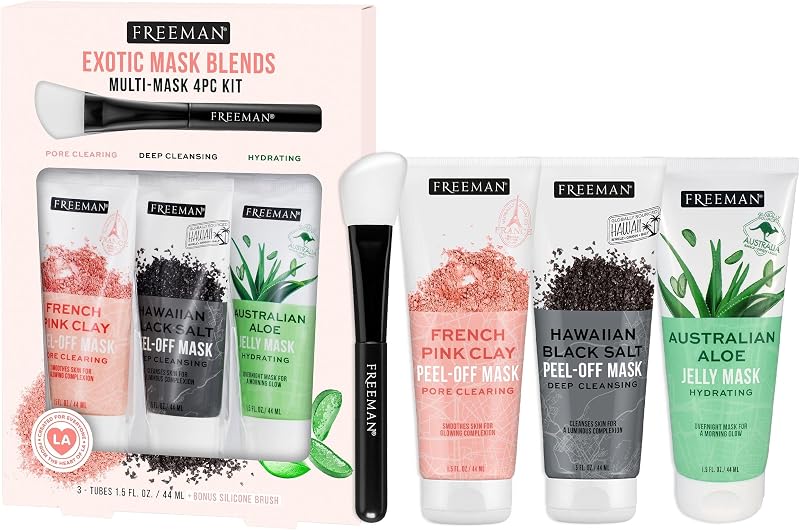 Freeman Exotic Blends Juego de 4 mascarillas faciales, mascarillas despegables y de gelatina, mascarillas faciales limpiadoras, limpiadoras de poros e hidratantes, para todo tipo de piel, incluye cepillo de mascarilla de silicona, vegano y sin crueldad