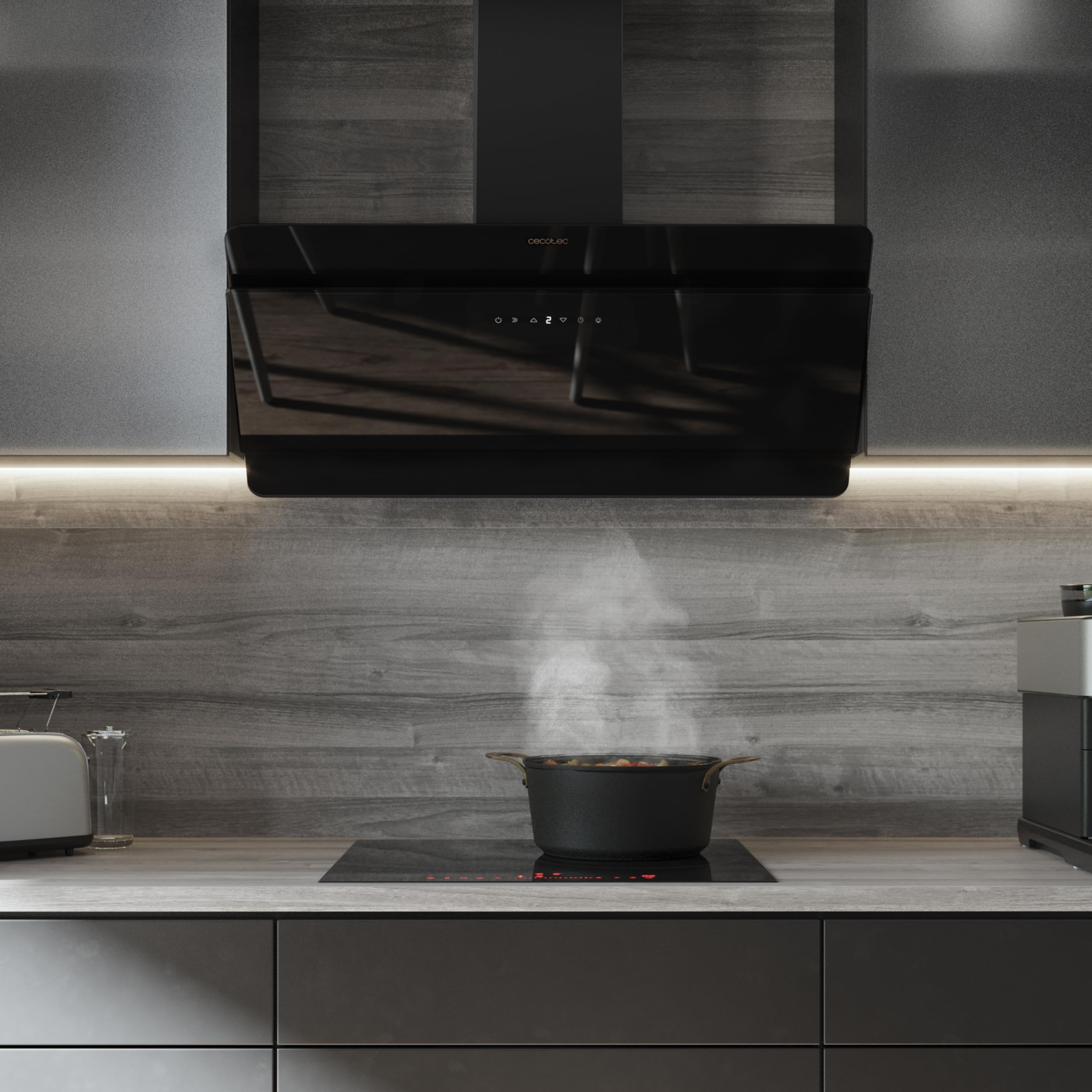 Cecotec Hotte aspirante Bolero Flux DT 908000 Glass Black A++ 90 cm, façade en verre noir, 800m3/h, 210W, A++, éclairage LED, contrôle tactile, 3 niveaux + Booster, filtre charbon.