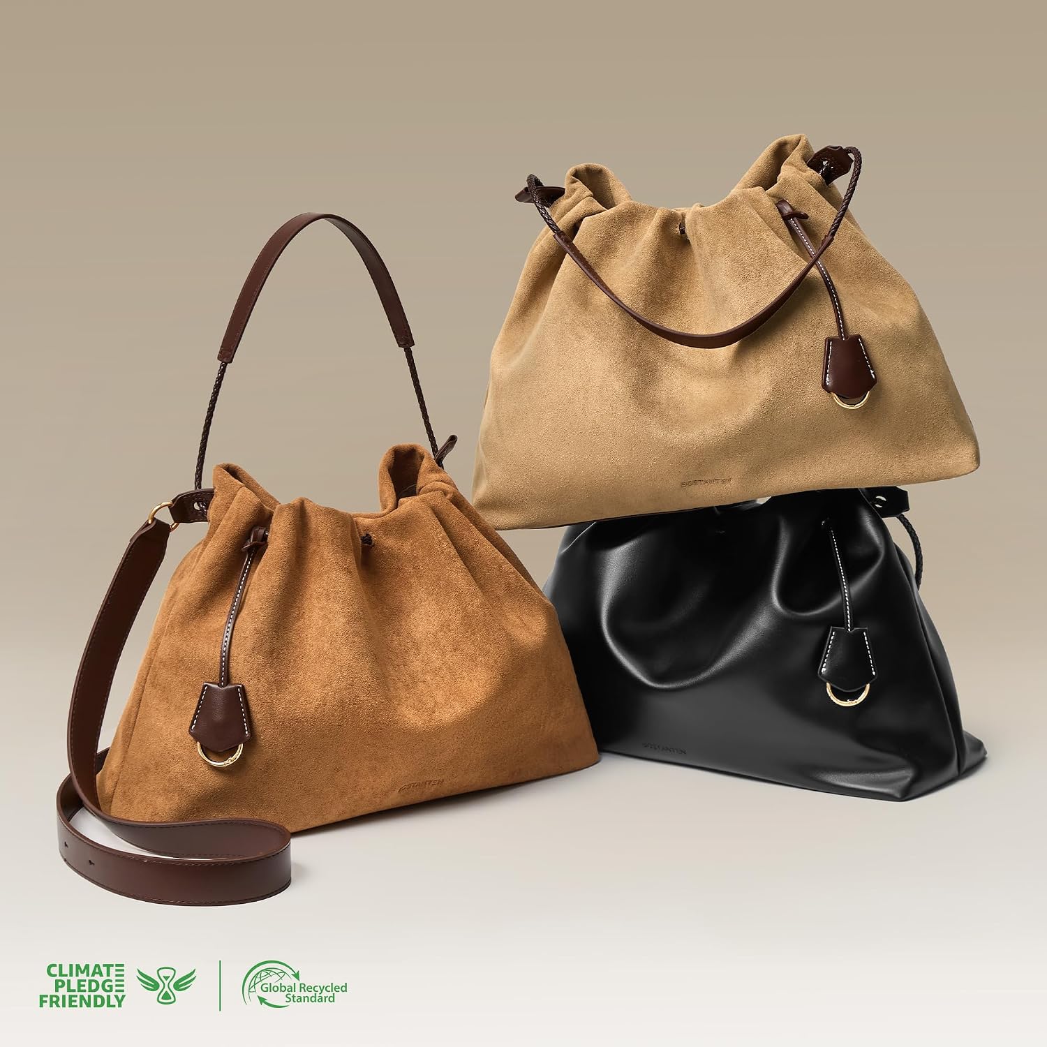 BOSTANTEN Slouchy Hobo Bags for Women Drawstring Shoulder Handbag Soft Crossbody Purse with 2 Straps