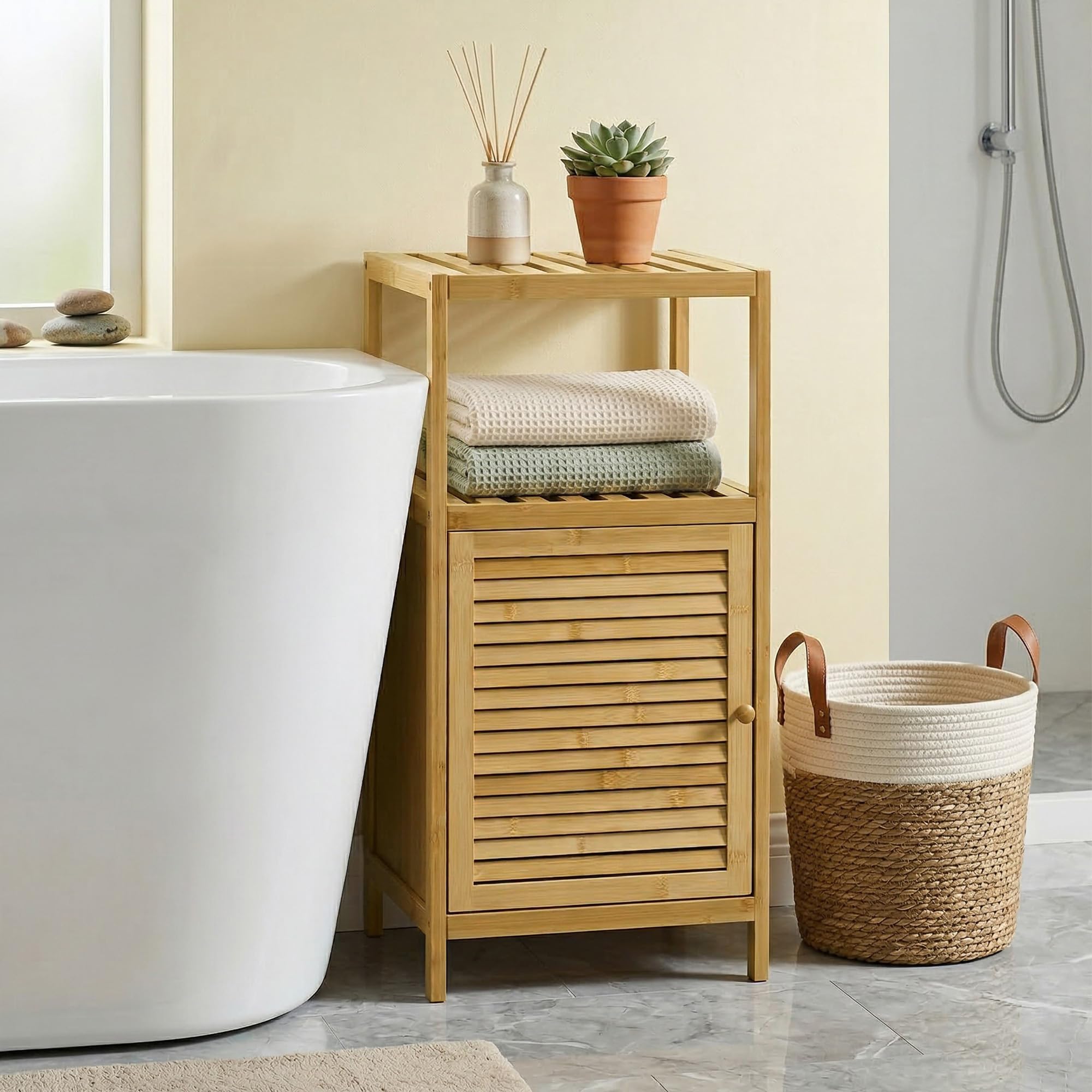 kleankin Estantería de Baño de Bambú Estantería de Almacenaje para Baño con 1 Puerta y Estante para Cocina Salón Dormitorio 33x36,5x67 cm Natural