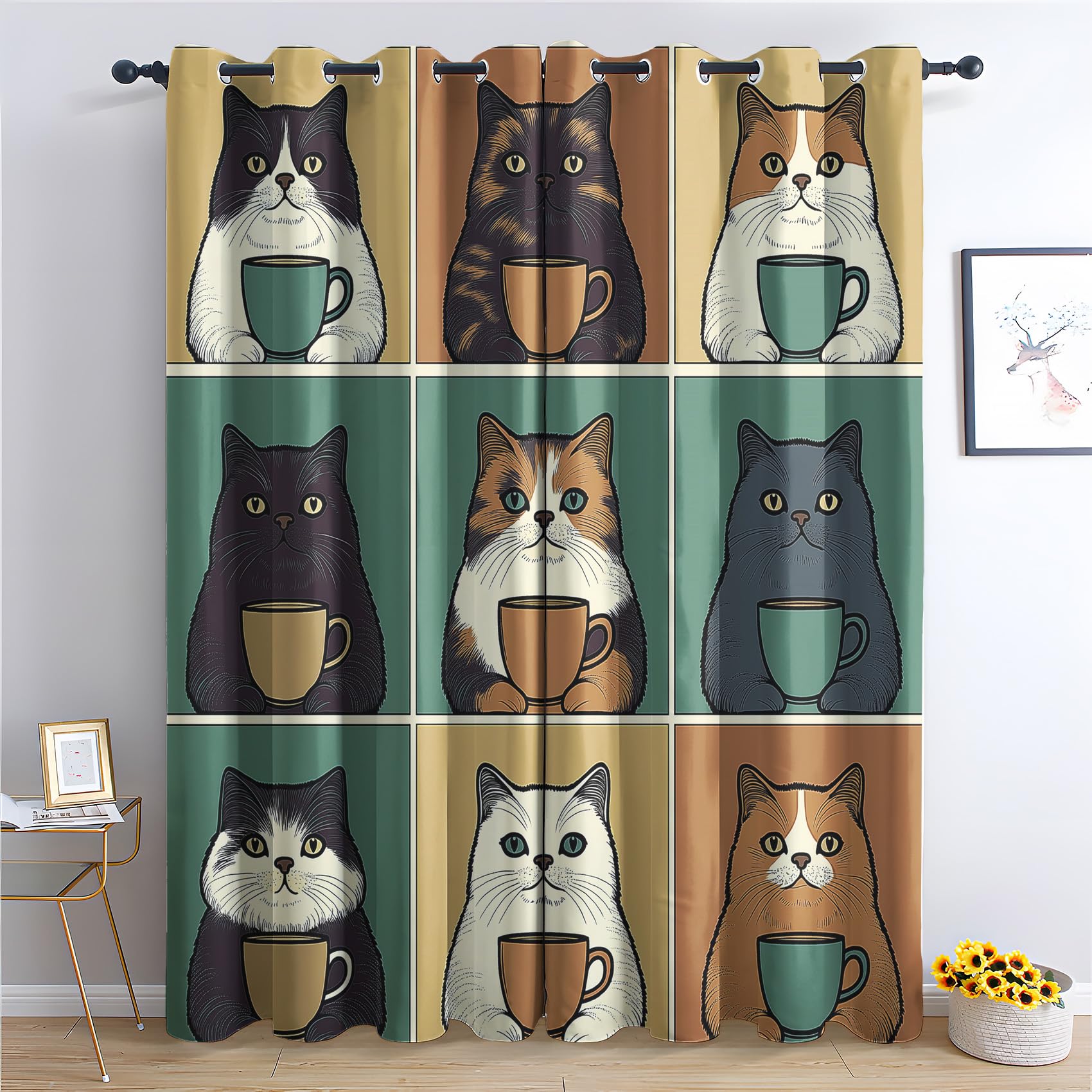 Venivici Cat Blackout Curtains for Bedroom Living Room - 54 Inch Drop Curtains Eyelet, Cartoon Funny Kitten Patterned Window Treatments, Thermal Insulated Drapes 46x54 2 Panels