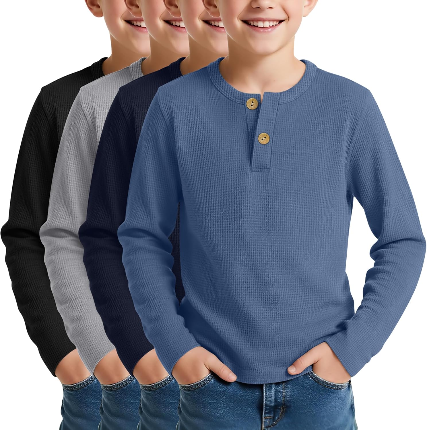 4 Pack Boy's Long Sleeve Henley Shirts, Waffle Thermal Cotton Blend Tops Fall Winter Breathable Tees 5-14 Years