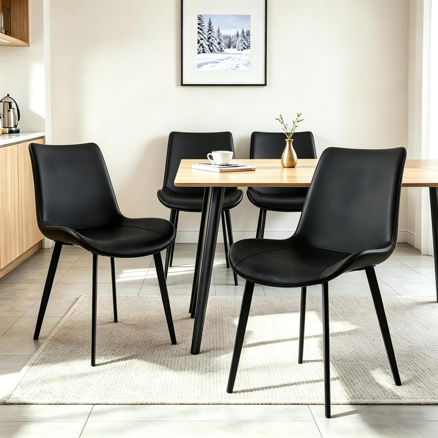 Black Dining Chairs Set of 4, PU Leather Dining Room Chairs, Upholstered Kitchen Chairs with Ergonomic Backrest & Sturdy Metal Legs, Perfect for Dining Room, Living Room, Black