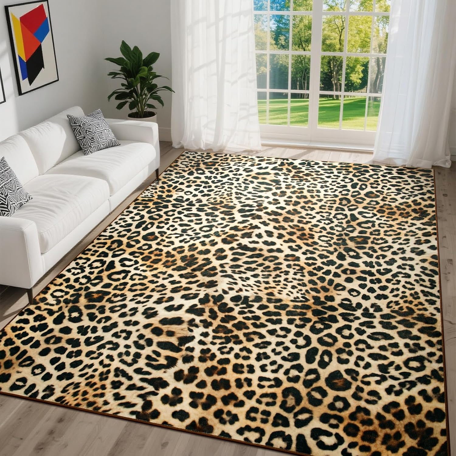 DweIke Leopard Print Rug for Living Room, Machine Washable 4x6 Cheetah Area Rugs for Bedroom, Non-Slip Low Pile Animal Hide Carpet with Rubber Backing for Dining Room Kitchen Home Decor,White Brown - Image 3
