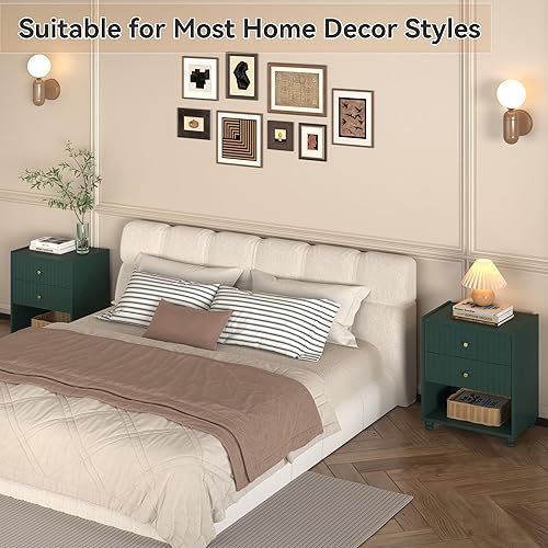 Miniatura 7 de Juego de 2 mesitas de noche modernas, mesa auxiliar acanalada con estante abierto, mesita de noche con 2 cajones para dormitorio (verde)