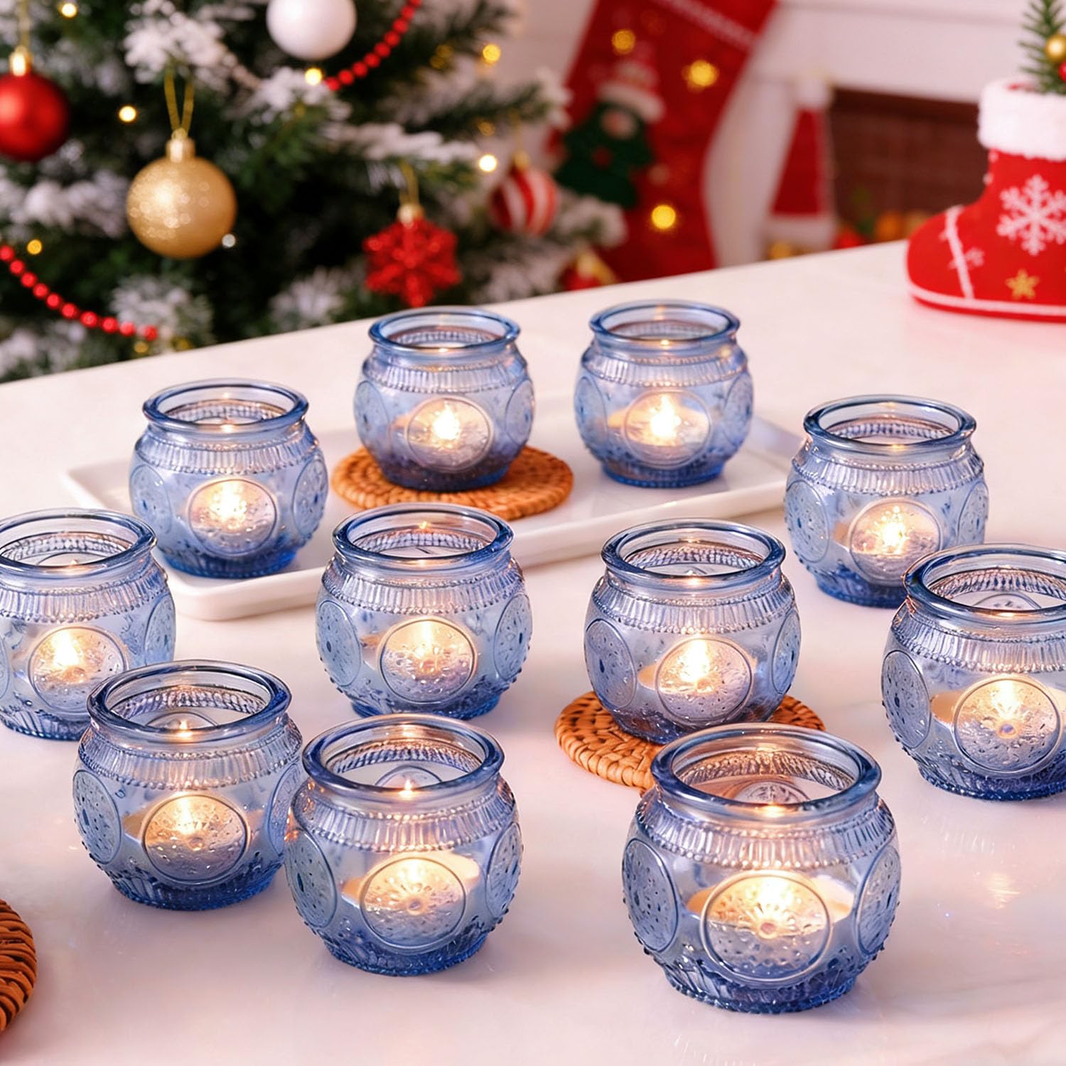Glass Votive Candle Holders, 12 Pcs Blue Tea Light Candle Holders for Wedding Shower, Party, Home Decor, Table Centerpiece