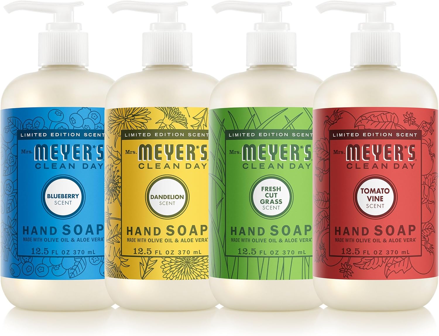 Mrs. MEYER'S CLEAN DAY Summer Hand Soap Set, includes Blueberry, Tomato Vine, Dandelion and Fresh Cut Grass