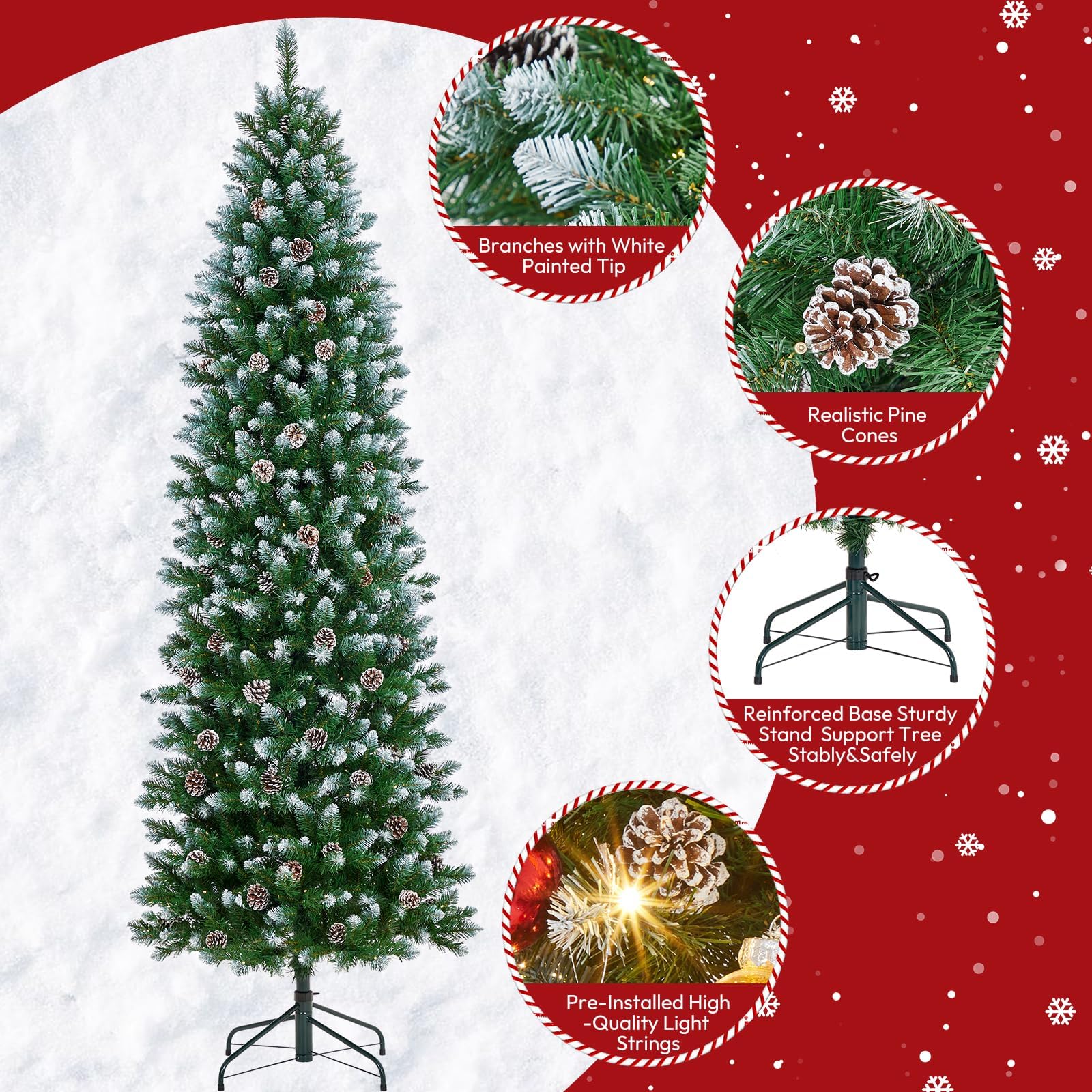 Árbol de Navidad artificial estrecho de 230 cm con iluminación, árbol de Navidad preiluminado, lápiz artificial con conos, agujas y blanco cálido, 350 LED, aprox. 1000 puntas