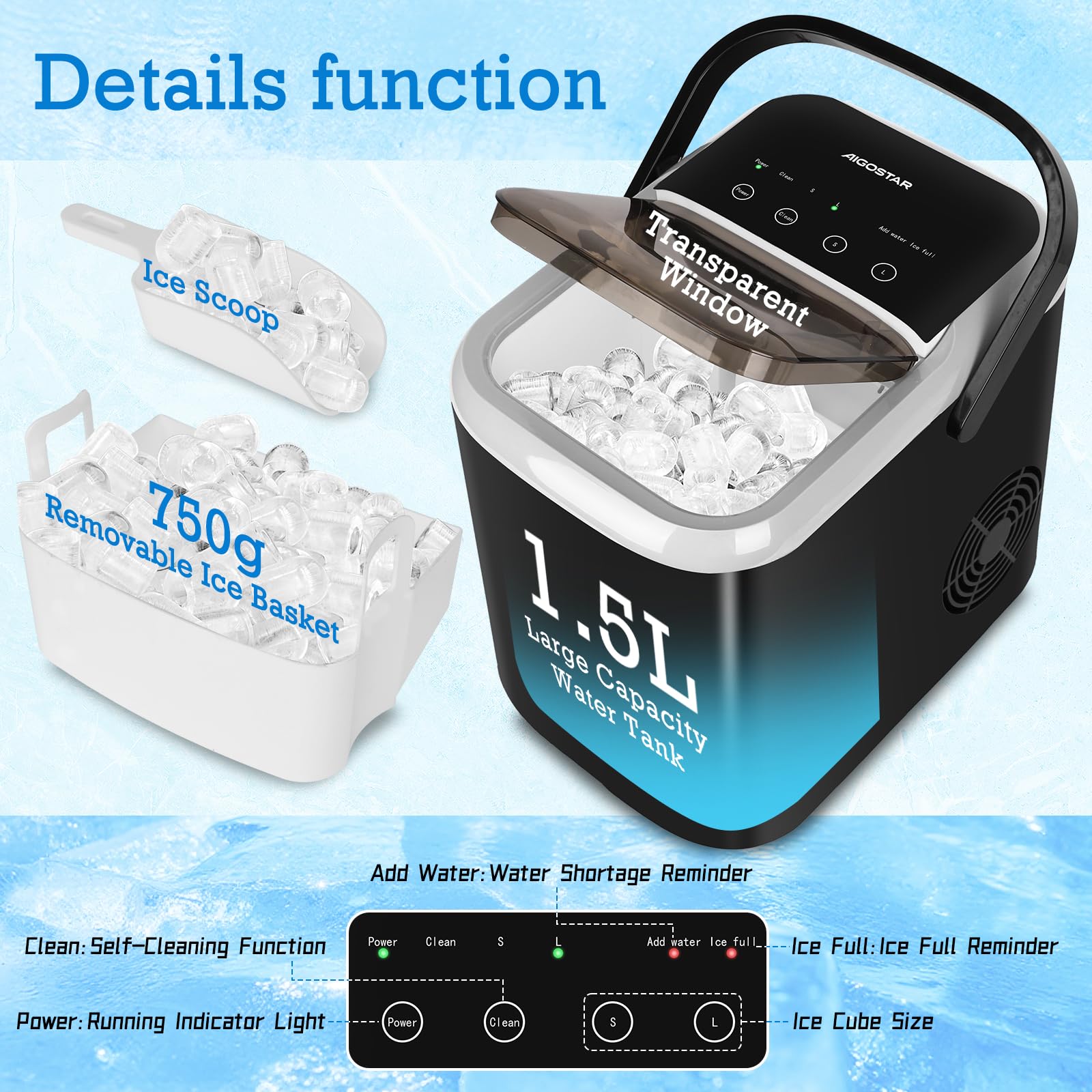 Aigostar Machine a Glacons 1,5 L, 130W Machines à Glaçons à Double Couvercle, 9 Glaçons en 6 Mins, 12kg/24h, 2 Tailles de Glaçons, Autonettoyante, Portable pour Maison/Cuisine/Camping, Noir