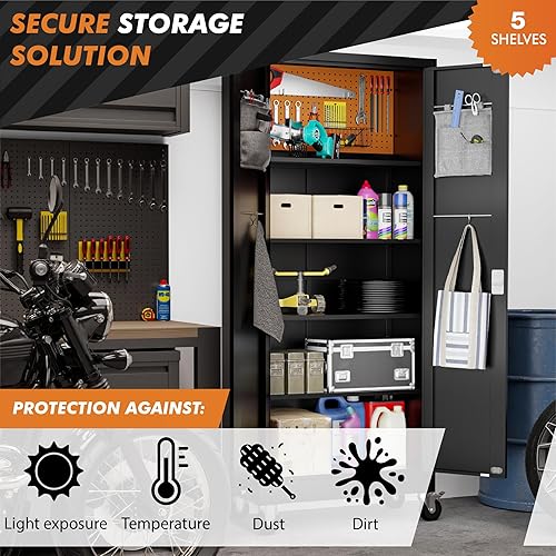 Miniatura 8 de Armario de almacenamiento de metal con ruedas, armario de almacenamiento de garaje con puertas de bloqueo, cerradura digital, altura de estante