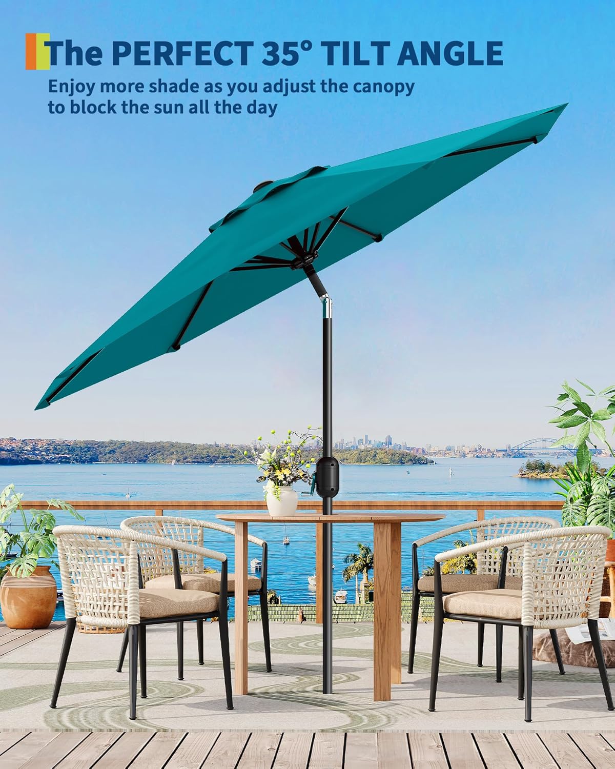 GarveeLife 10 ft Outdoor Patio Umbrella,Table Market Umbrella with Push Button Tilt and Crank, 8 Sturdy Ribs UV Protection Waterproof for Garden, Deck, Backyard, Pool (Turquoise Blue)