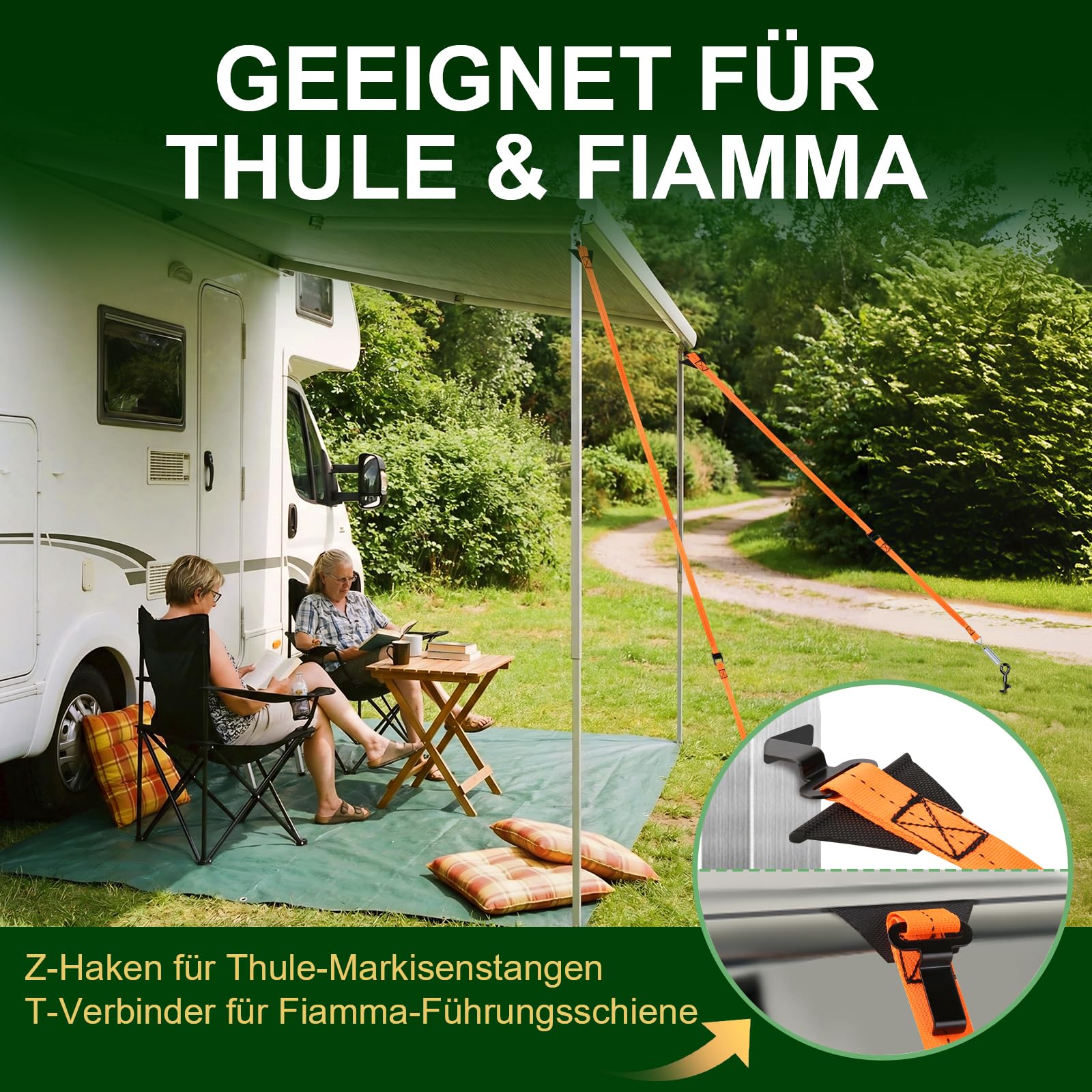 Sturmband Markise & Vorzelt für Thule & Fiamma, Sturmsicherung Wohnmobil Zubehör mit 37CM Spiralförmige Bodenanker