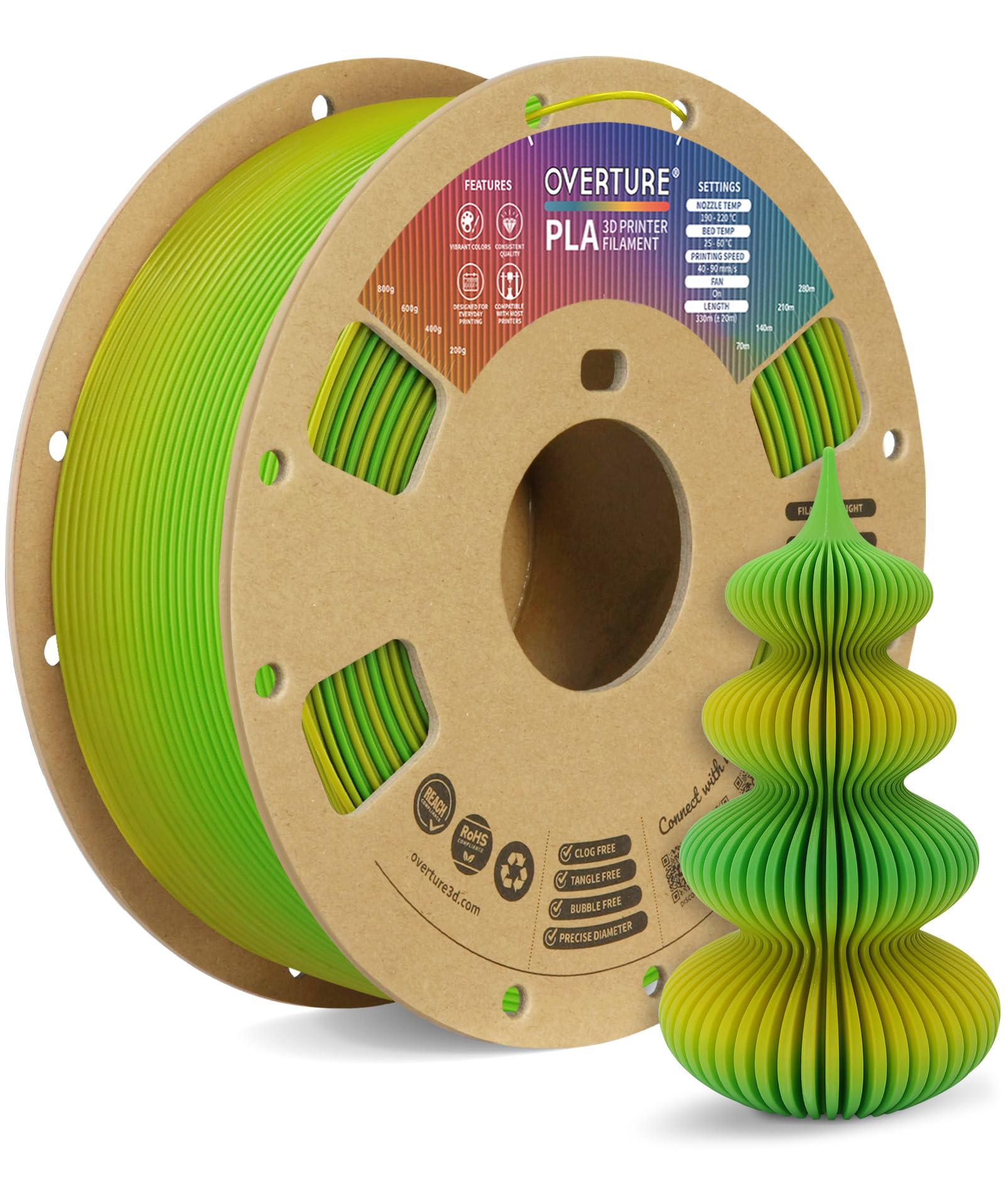 OVERTURE Filamento PLA 1.75mm - Bobina 1kg (2,2lbs) Precisione ±0.02mm, in Cartone Riciclato | Compatibile Stampanti 3D FDM (Avocado)