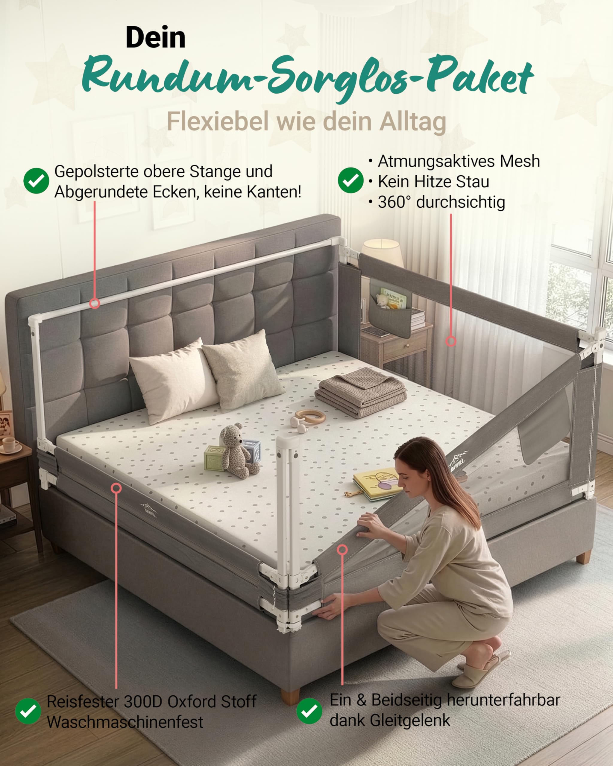 RAWVEL® Bettgitter Rausfallschutz Boxspringbett 200x200 cm 3 Seiten Komplett Set Stange