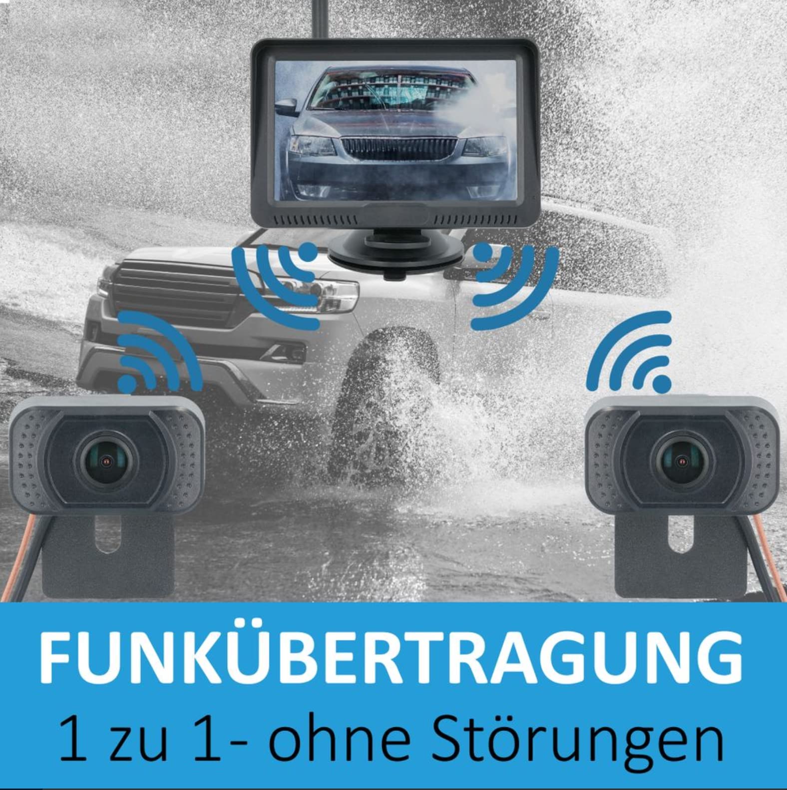 VSG24 5“ HD Set 2 Kameras Funk Rückfahrsystem Premium ONE für PKW, KFZ Set kabellos inkl. Rückfahrkamera + Monitor, einfach zum Nachrüsten 12V-24V, Nummernschild Kamera digital, Auto Rückspiegel