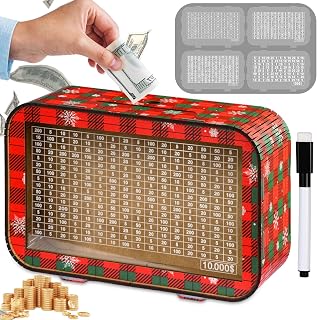 Christmas 4-in-1 Wooden Money Saving Challenge Box - Fully Assembled Piggy Bank (1000/3000/5000/10000) - Kakeibo Money Box with Counter and Dry Erase Pen - Money Bank for Cash Coin