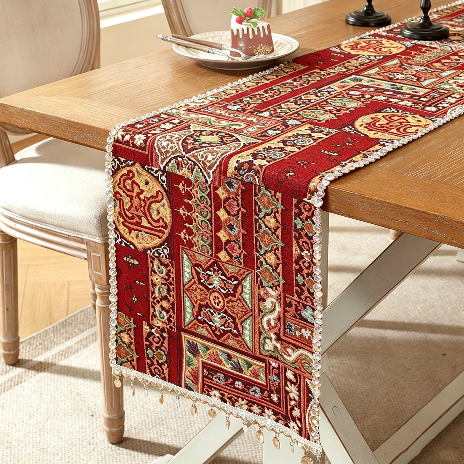 Vintage Rustic-Style Long Table Runner, Nostalgic Farmhouse-Style Long Table Runner, for TV Stands, Dining Desks, Shoe Cabinets and Home Decor(Red,210cm/82.6in)