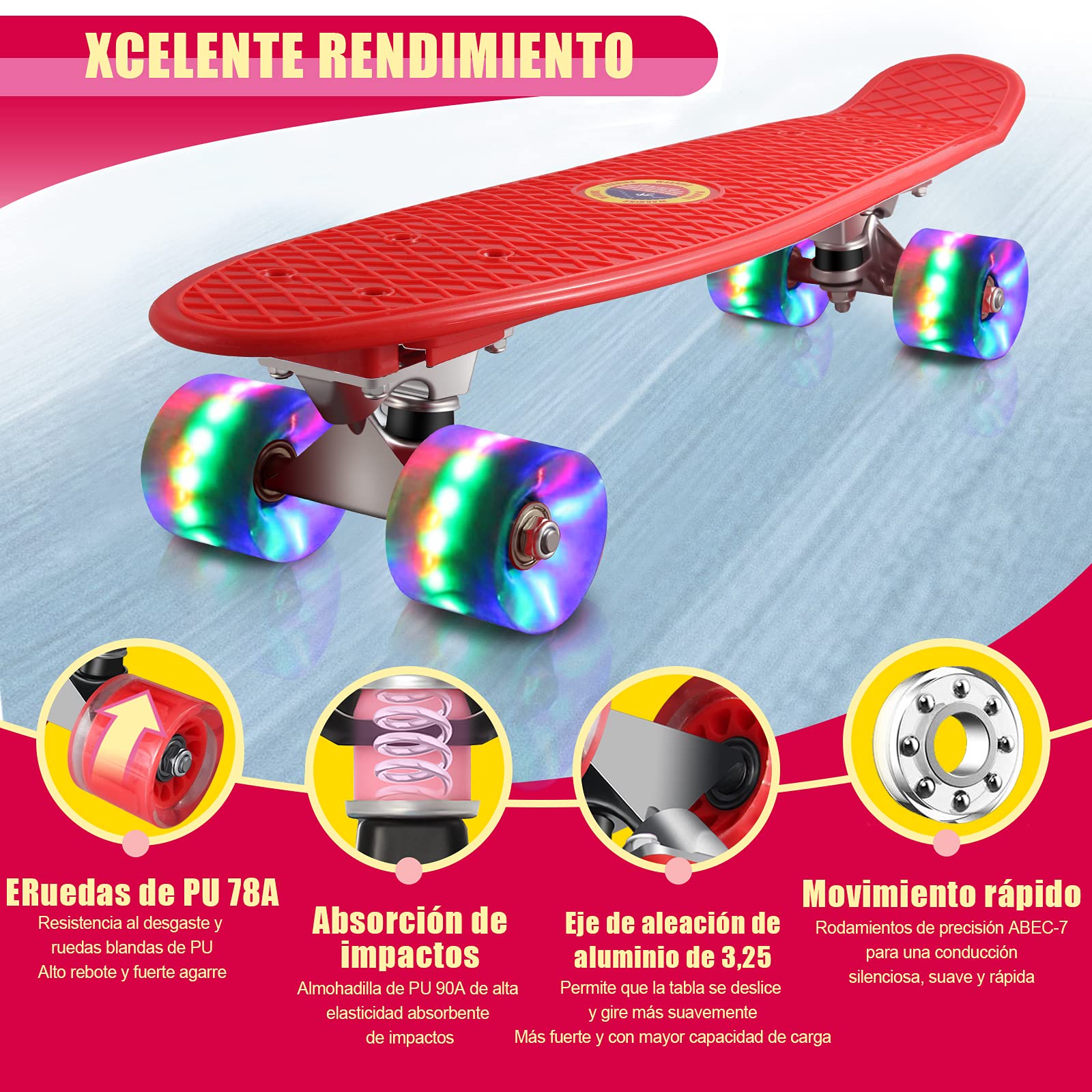 Monopatín Skateboard Completo Niños con 4 Ruedas LED para Niño y Niña Penny Board Mini Cruiser de 55CM con Herramienta T de Patinete Todo-en-uno — view 3