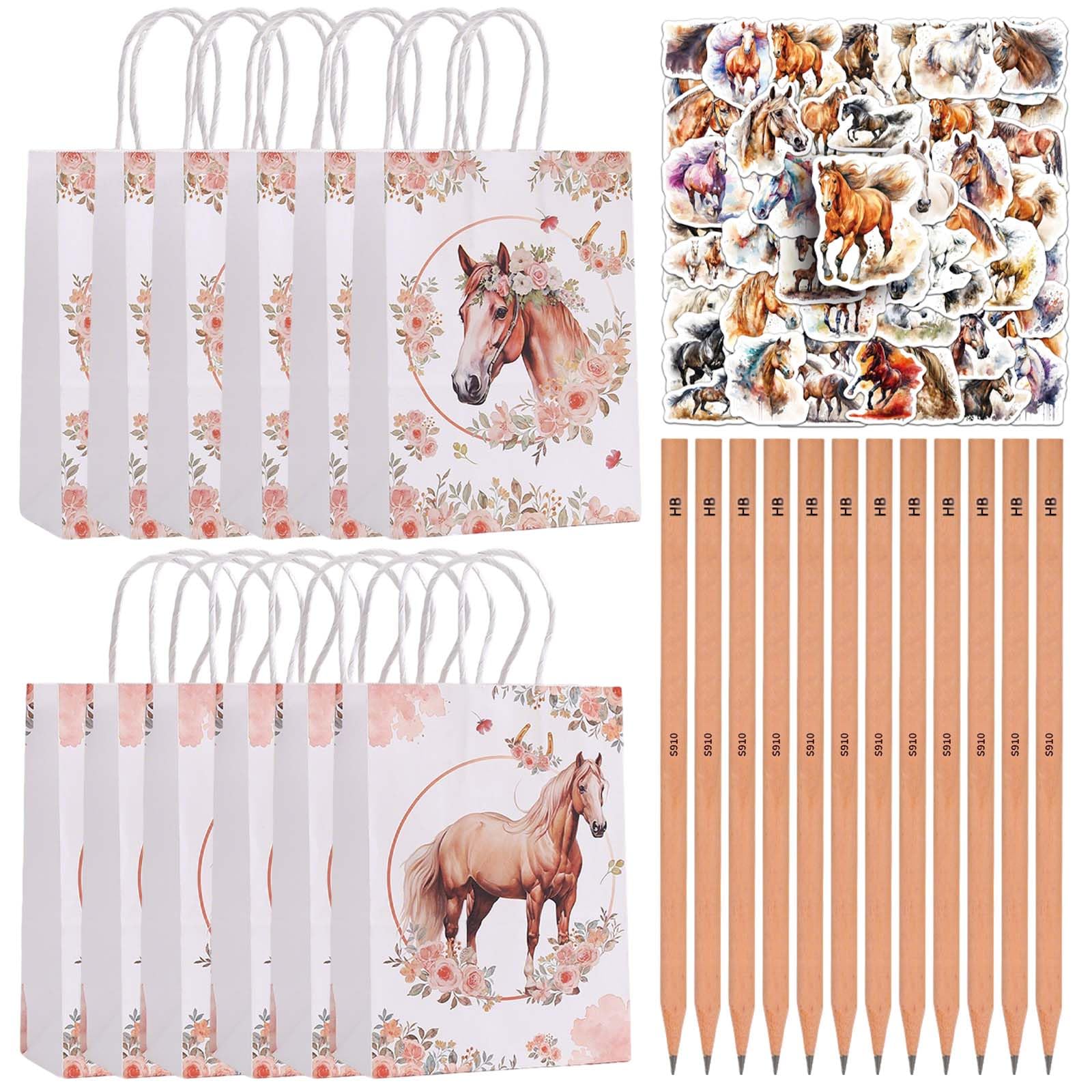 MUYAPAY 74 PCS Horse Wrapping Paper Rich Set Cute And Playful Horse Party Bags 12 Horses Pencils Goodie Bags for Kids12 Gift Bag 50 Stickers Animal Party Bag for Children Boys Girls