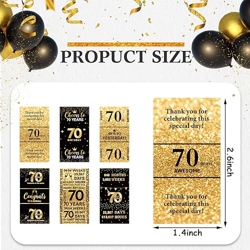 Miniatura 2 de Tenare 180 calcomanías de cumpleaños número 70, color negro y dorado con texto en inglés "Cheers to 70" (Cheers to 70 años), para fiestas de