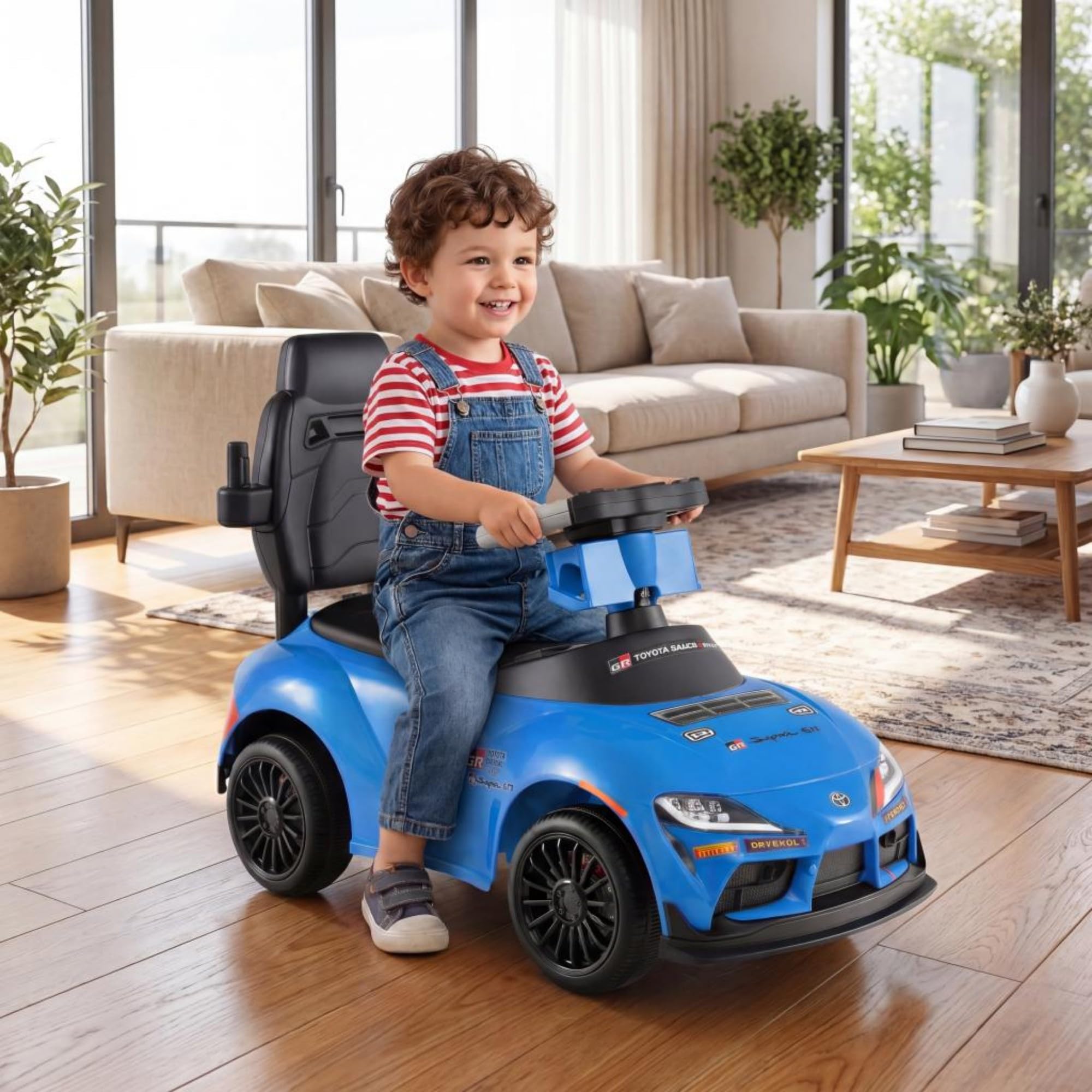 RELAX4LIFE 3-in-1 Macchinina a Spinta/Cavalcabile/Primi Passi per Bambini con Maniglia, Musica, Protezione di Sicurezza, Vano Portaoggetti sotto Sedile, per 1,5 a 5 Anni (BLU)