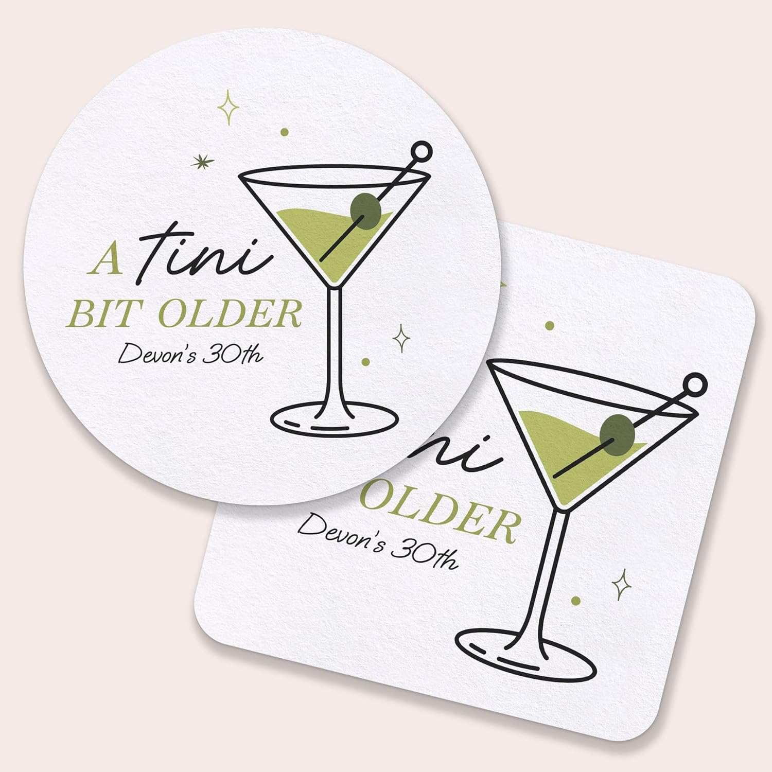 Big Dot of Happiness Personalized A Tini Bit Older Drink Coasters, 4-Inch Disposable Square Paper Coasters for Martini Birthday Party, Custom Funny Cocktail Table Decor for Bar Drinks - 100 Ct
