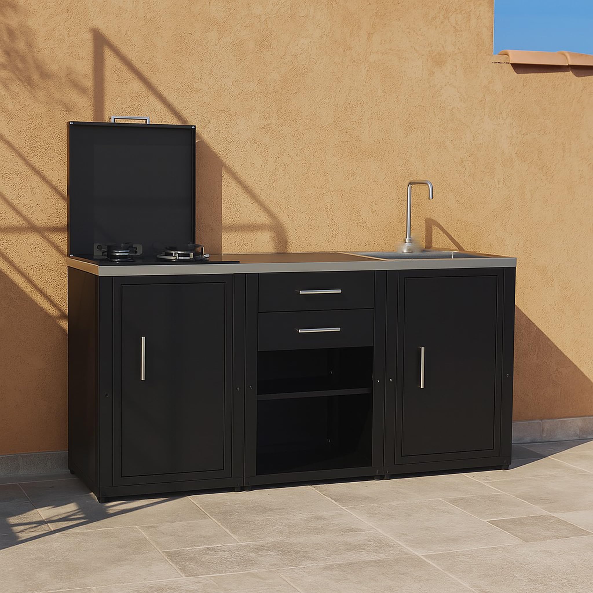 Set cucina da esterno a gas 3 elementi con lavello, rubinetto e tagliere con 2 cassetti estraibili - struttura in acciaio e piano in acciaio inox - Nero