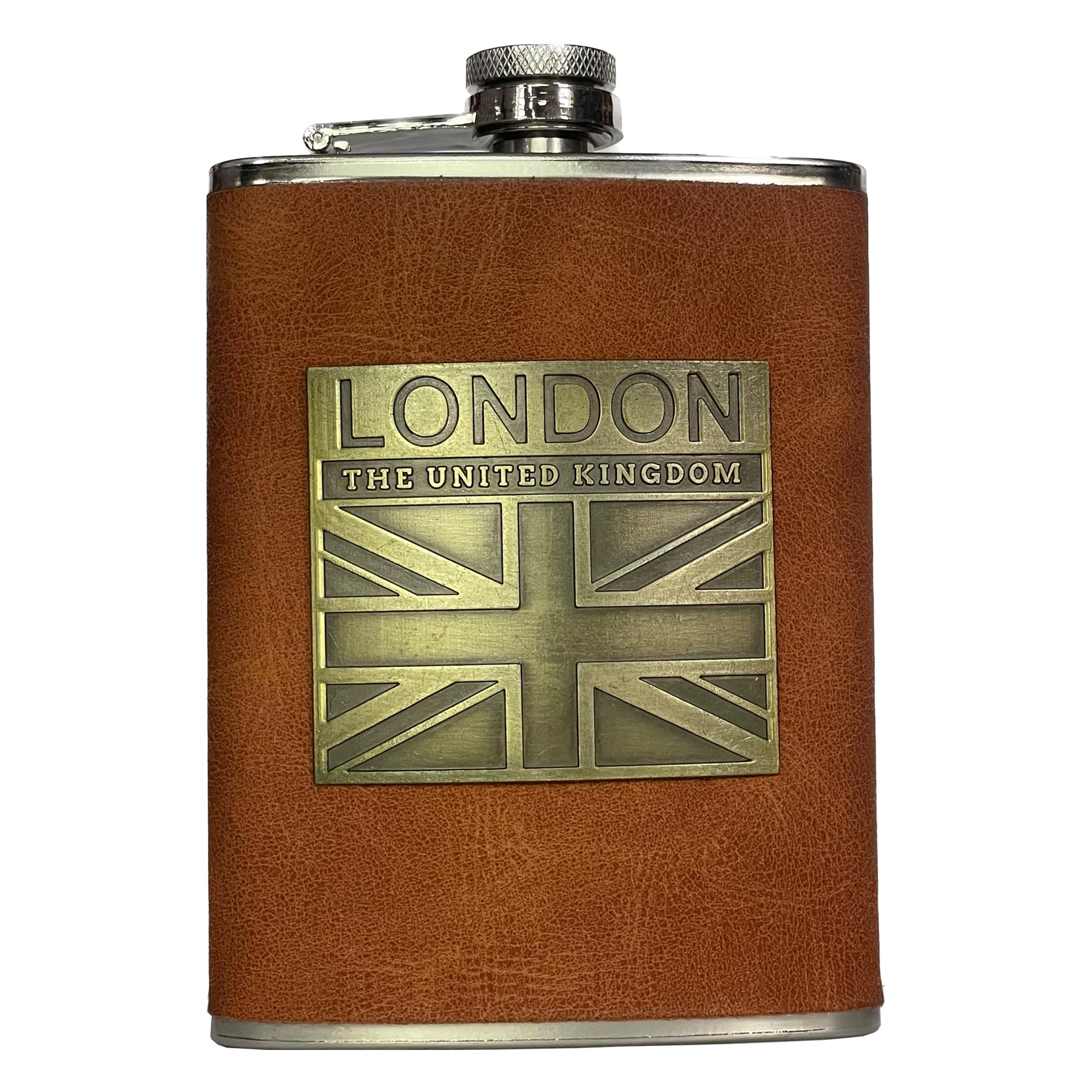 LILAJ Stainless Steel Hip Flask with PU Leather Cover, Portable Pocket Flagon for Whiskey Lovers, Hiking, Barbeque, Party, Camping, London, Union Jack, Souvenir Gift for Men and Women 8oz