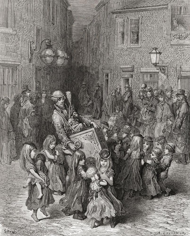 Dzieci tańczą i bawią się wokół młynka do organów i jego małpy w XIX-wiecznym Londynie. Po ilustracji Gustave'a Dora w amerykańskim wydaniu Londynu z 1890 roku: Pielgrzymka napisana przez Blancharda