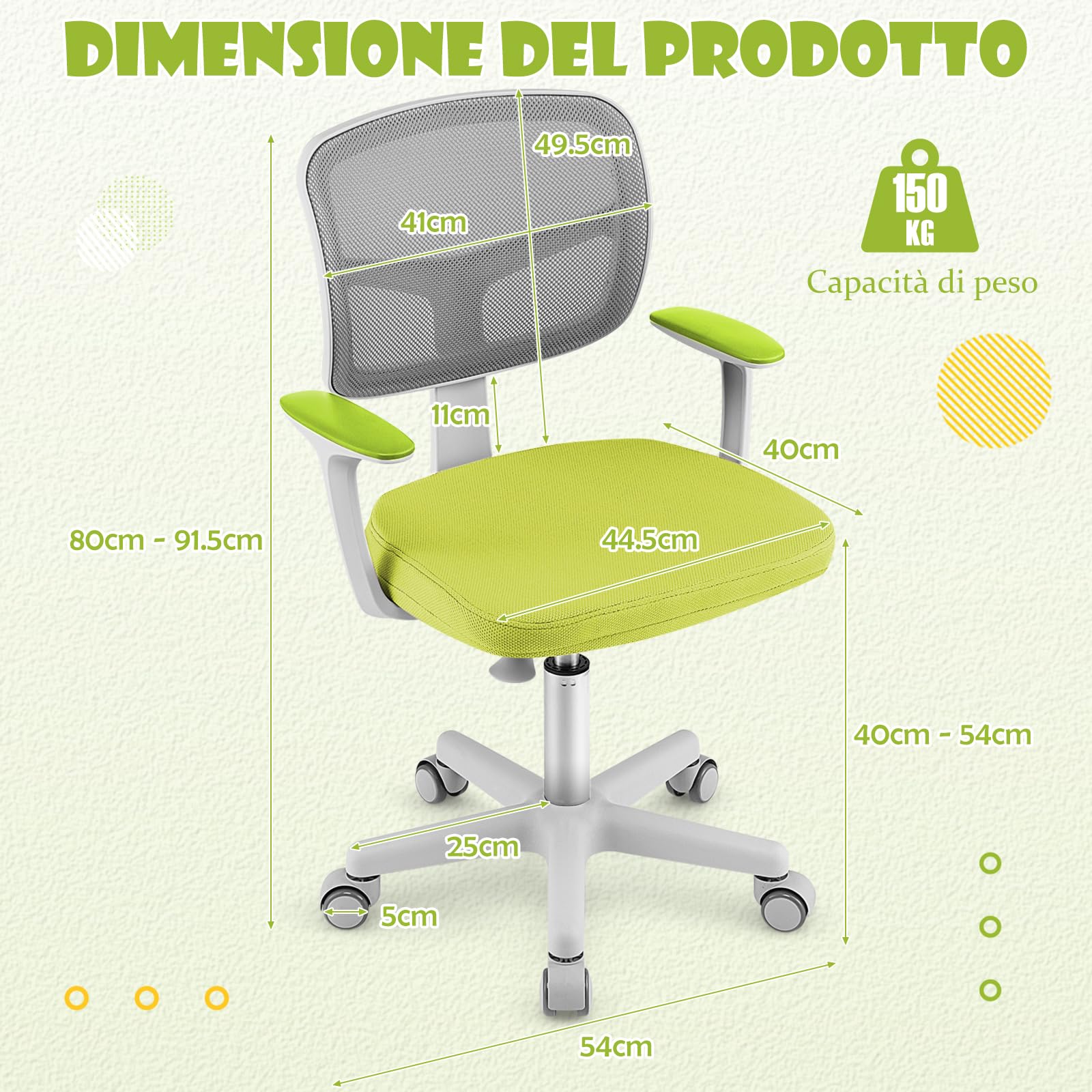 RELAX4LIFE Silla Escritorio Infantil con Altura Ajustable 40-54cm y 5 Ruedas Universales, Silla Escritorio Giratoria con Respaldo y Reposabrazos Ergonómicos para Niños 3-10 Años, Carga 150kg (Verde)