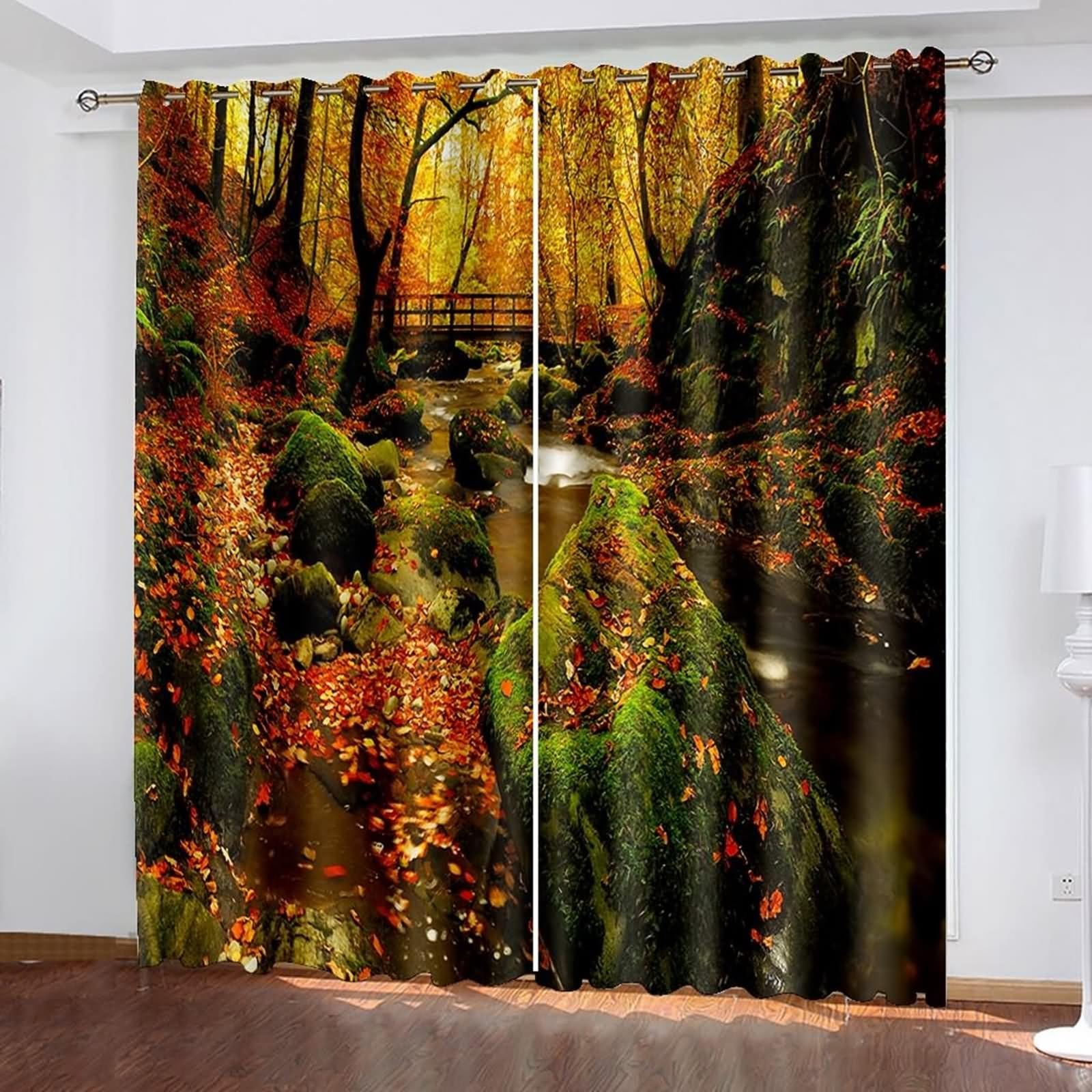 Zasłony zewnętrzne, zazdrostki, zestaw 2 sztuk, jesień, pomarańczowe, zielone, krajobraz leśny i strumieniowy, poliester, 204 x 183 cm